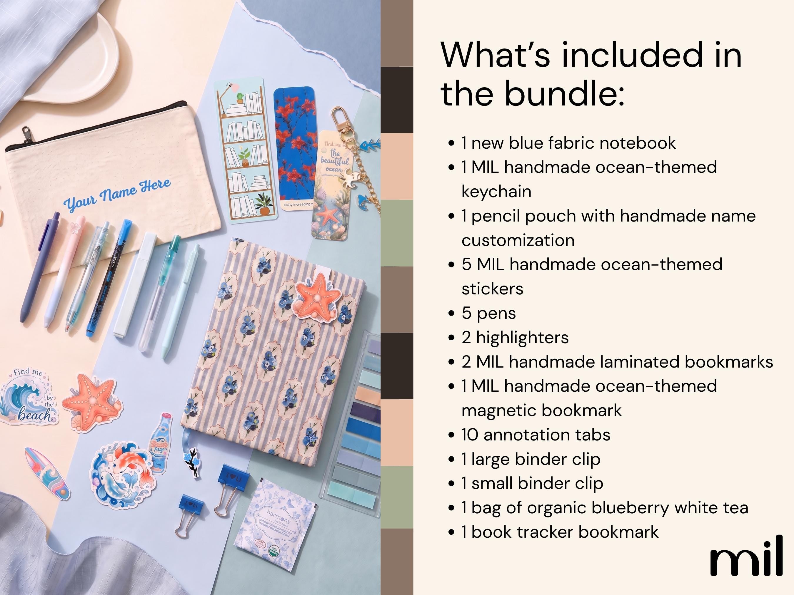 A styled flat-lay bundle of stationery items on a light blue surface next to a text panel listing what is included in the MIL bundle, including a blue fabric notebook, ocean-themed keychain, pencil pouch, stickers, pens, bookmarks, binder clips, and tea.