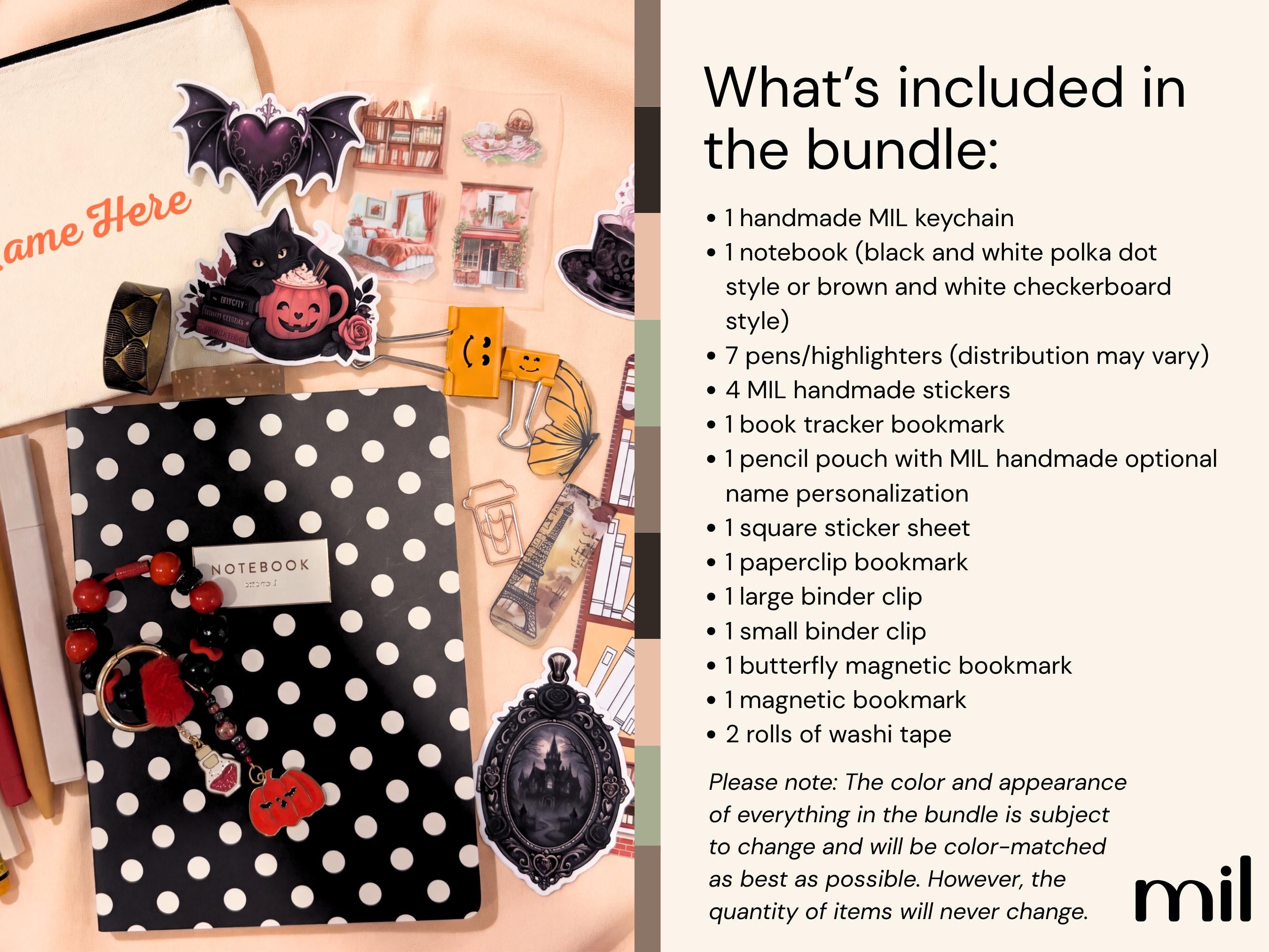 A product bundle listing graphic for a Halloween-themed MIL keychain and notebook set. The left side shows a styled flat-lay of the included items, including a black-and-white polka dot notebook with bat and pumpkin stickers, a black-and-white polka dot keychain with a bat charm, pens, bookmarks, and decorative stickers.