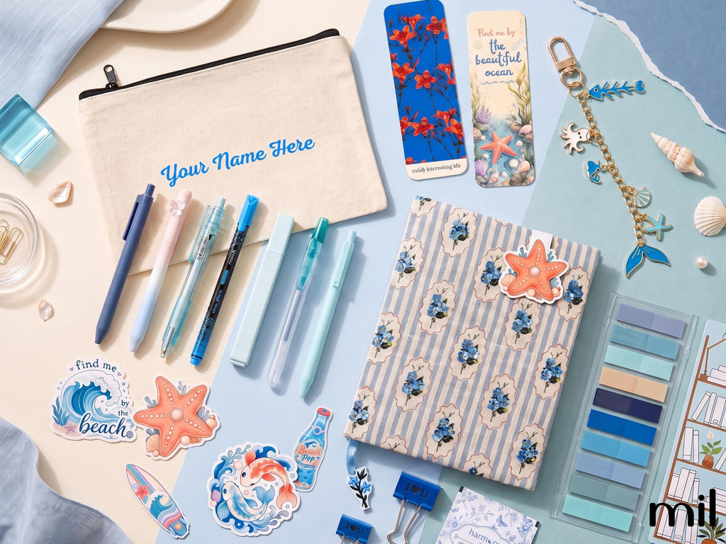 A styled flat-lay of beach-themed stationery and accessories on a light blue surface, including a canvas pouch with customizable text, pens, bookmarks, a striped notebook, stickers, a color palette, and shell charms.