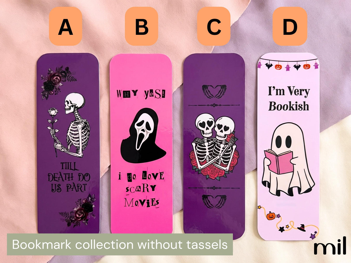 Four Halloween-themed bookmarks labeled A, B, C, and D displayed on a soft pink and lavender background. The bookmarks feature spooky designs including a skeleton with a rose on purple, a Ghostface silhouette on bright pink, two skulls with roses on dark purple, and a ghost reading a book on light pink.