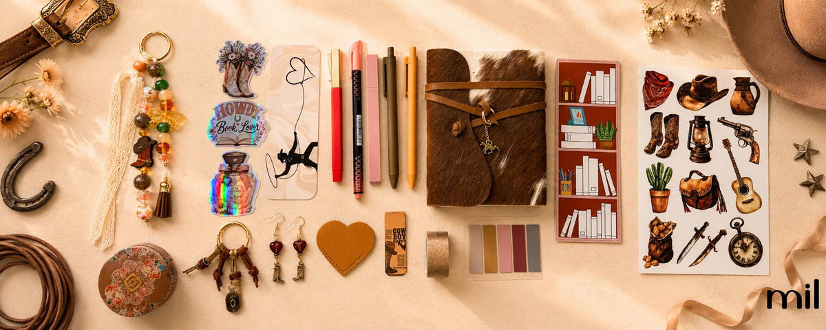 A styled flat-lay of western-themed stationery and accessories on a warm beige surface, including a brown cowhide notebook, sticker sheets, pens, washi tape, earrings, a heart-shaped card, and cowboy boot decorations.
