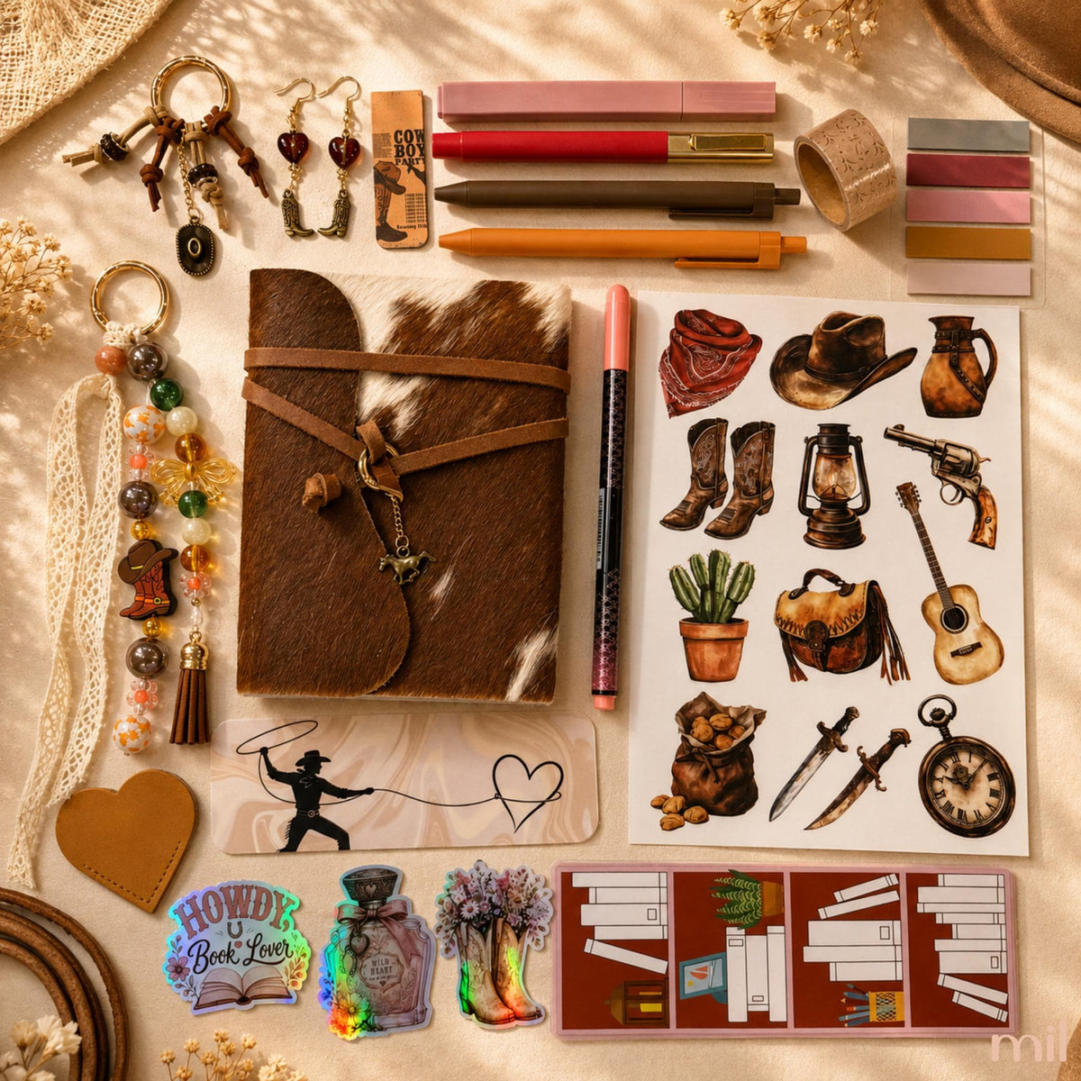 A styled flat-lay of stationery and accessories on a warm beige fabric background with soft sunlight shadows. The central product appears to be a cowhide-look journal or notebook with a brown leather wrap closure, surrounded by pens, washi tape, keychains, stickers, and western-themed illustrations on sticker sheets.
