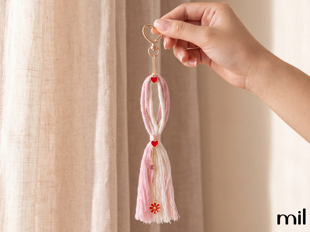 A hand holding a pink and white striped tassel keychain with red heart and flower details against a soft beige curtain background.