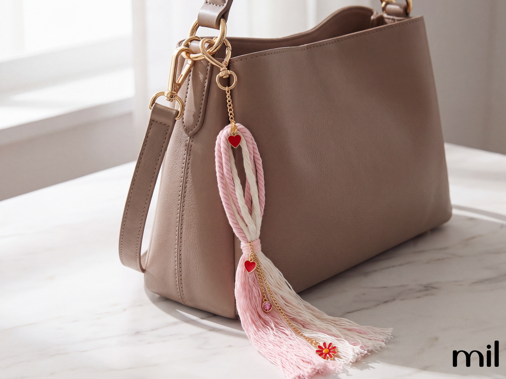 A taupe leather shoulder bag with gold-tone hardware and a decorative pink and white tassel charm featuring red hearts, resting on a light marble surface near a window.