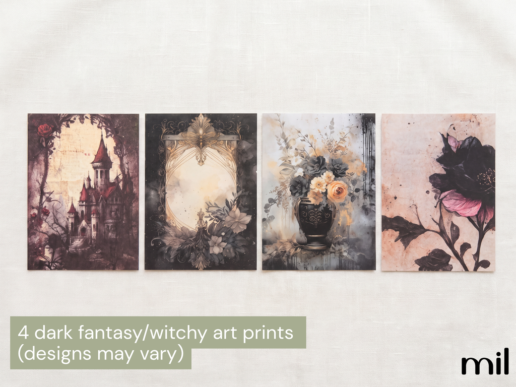 Four vertical art prints with dark fantasy and witchy designs are displayed side-by-side on a textured off-white fabric background. The prints feature a castle in a forest, an ornate frame with floral details, a dark vase with flowers, and a large black and pink flower.