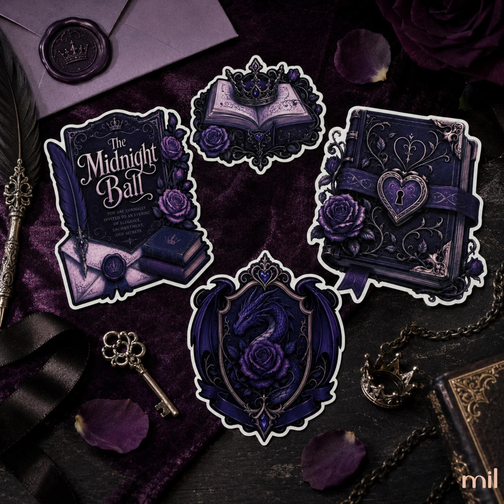 Four gothic-themed die-cut stickers displayed on a dark purple velvet surface with thematic props including a feather quill, antique key, crown, envelope, and rose petals. The stickers feature illustrations of old books, roses, a snake, and decorative frames, with titles including 'The Midnight Ball'.