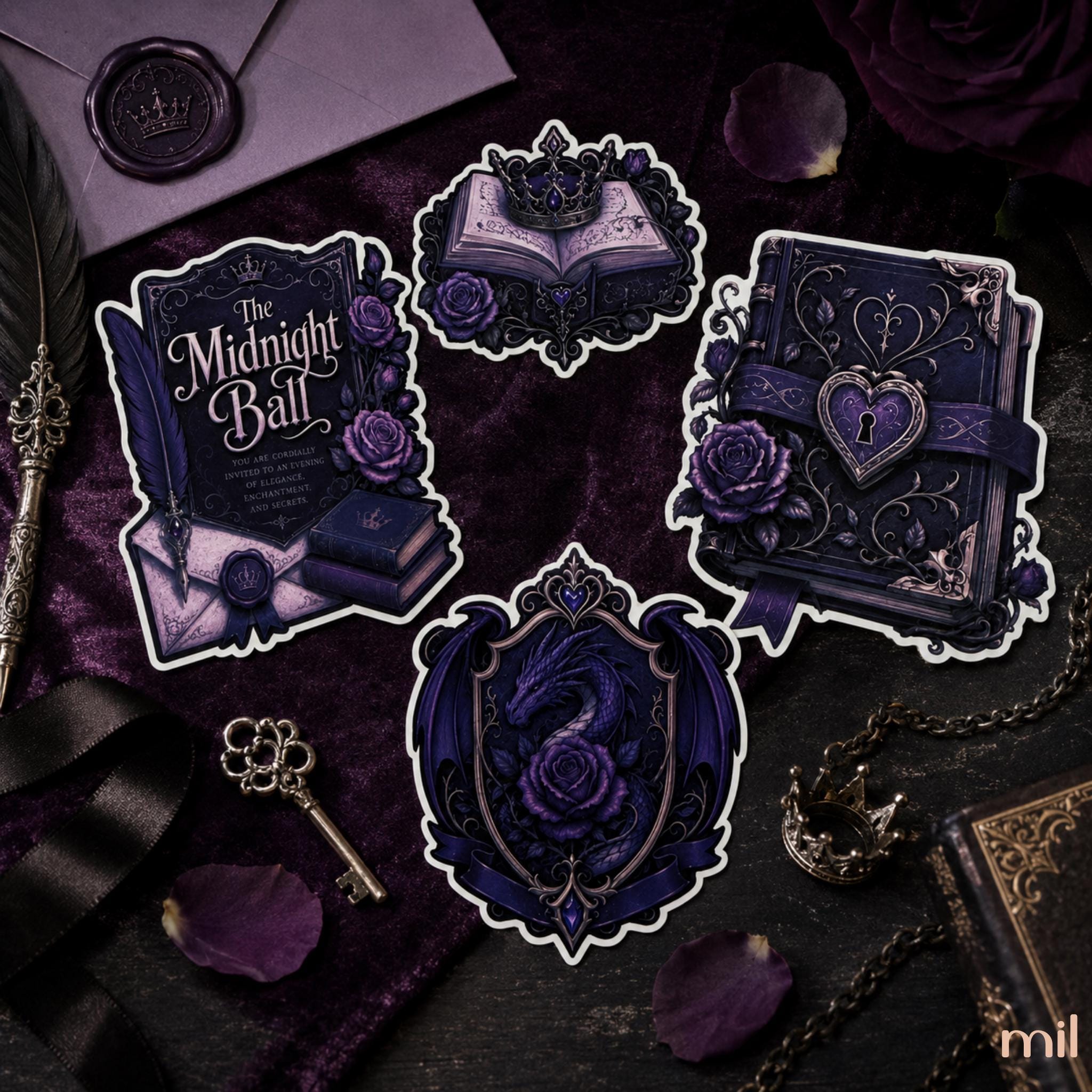 Four gothic-themed die-cut stickers displayed on a dark purple velvet surface with thematic props including a feather quill, antique key, crown, envelope, and rose petals. The stickers feature illustrations of old books, roses, a snake, and decorative frames, with titles including 'The Midnight Ball'.
