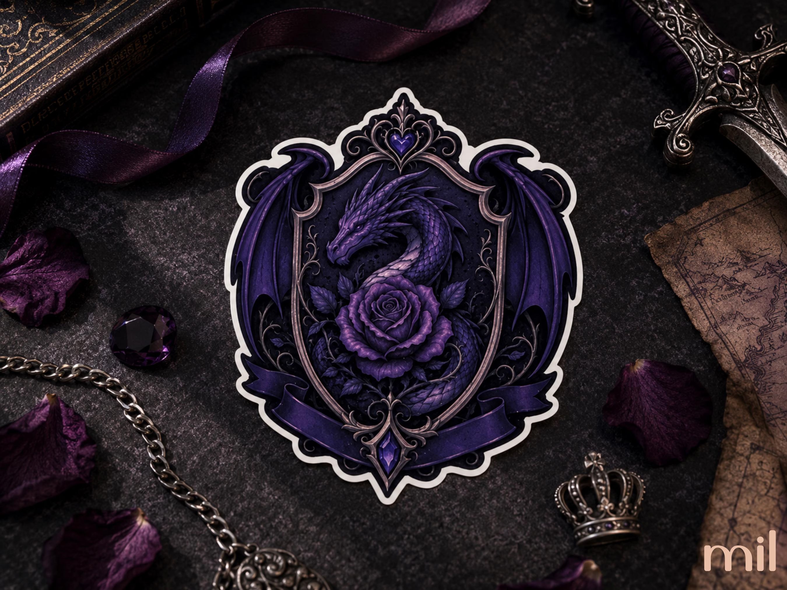 A die-cut sticker featuring a dark purple dragon coiled around a rose, set within an ornate crest with silver-gray borders. The sticker is displayed on a dark textured surface surrounded by thematic gothic props, including a crown, dried rose petals, a chain, a gem, and a sword.