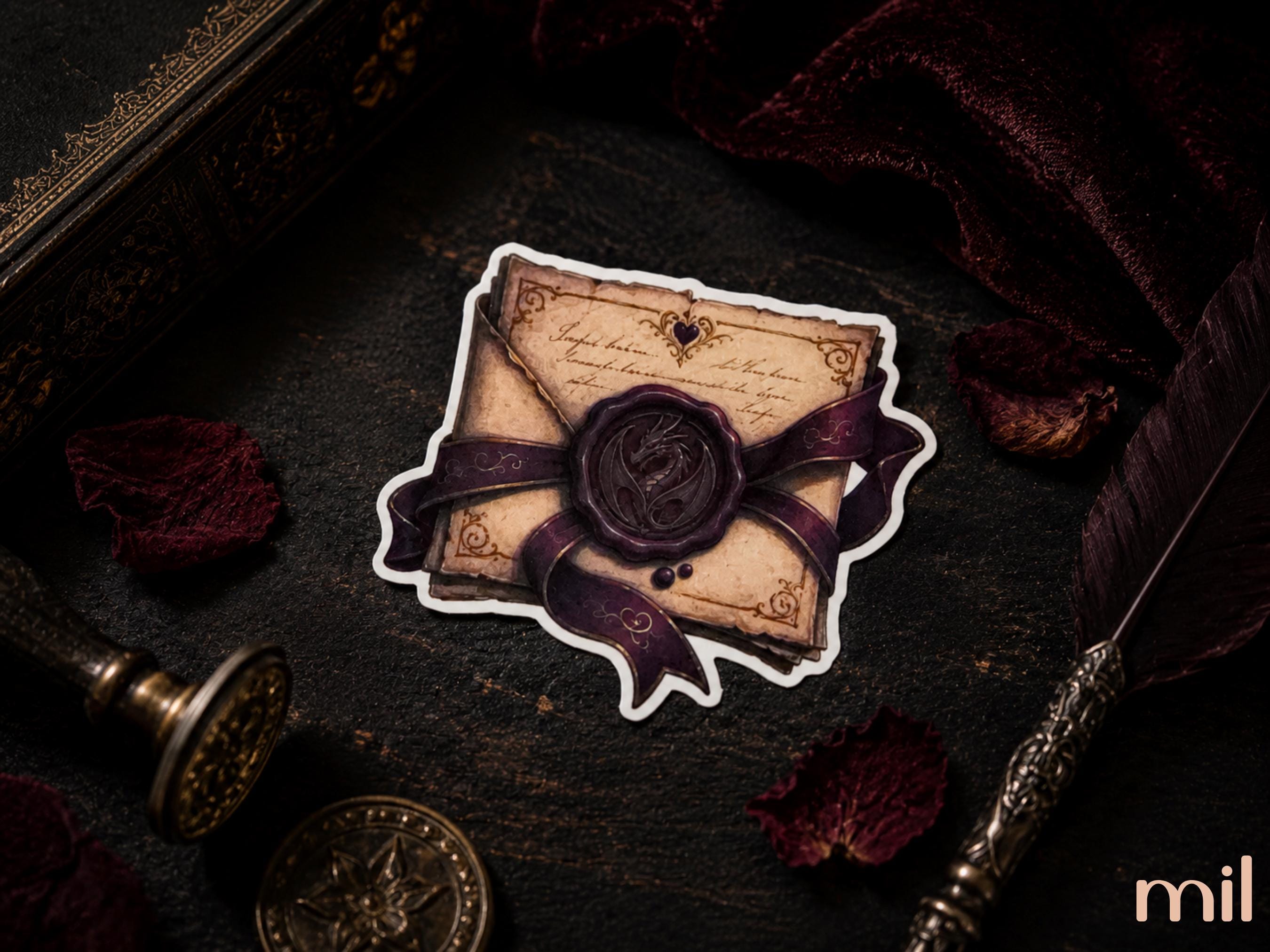 A die-cut sticker depicting a vintage gothic letter sealed with a dark purple wax seal and ribbon, displayed on a dark textured surface surrounded by thematic props including a quill, inkwell, and rose petals.