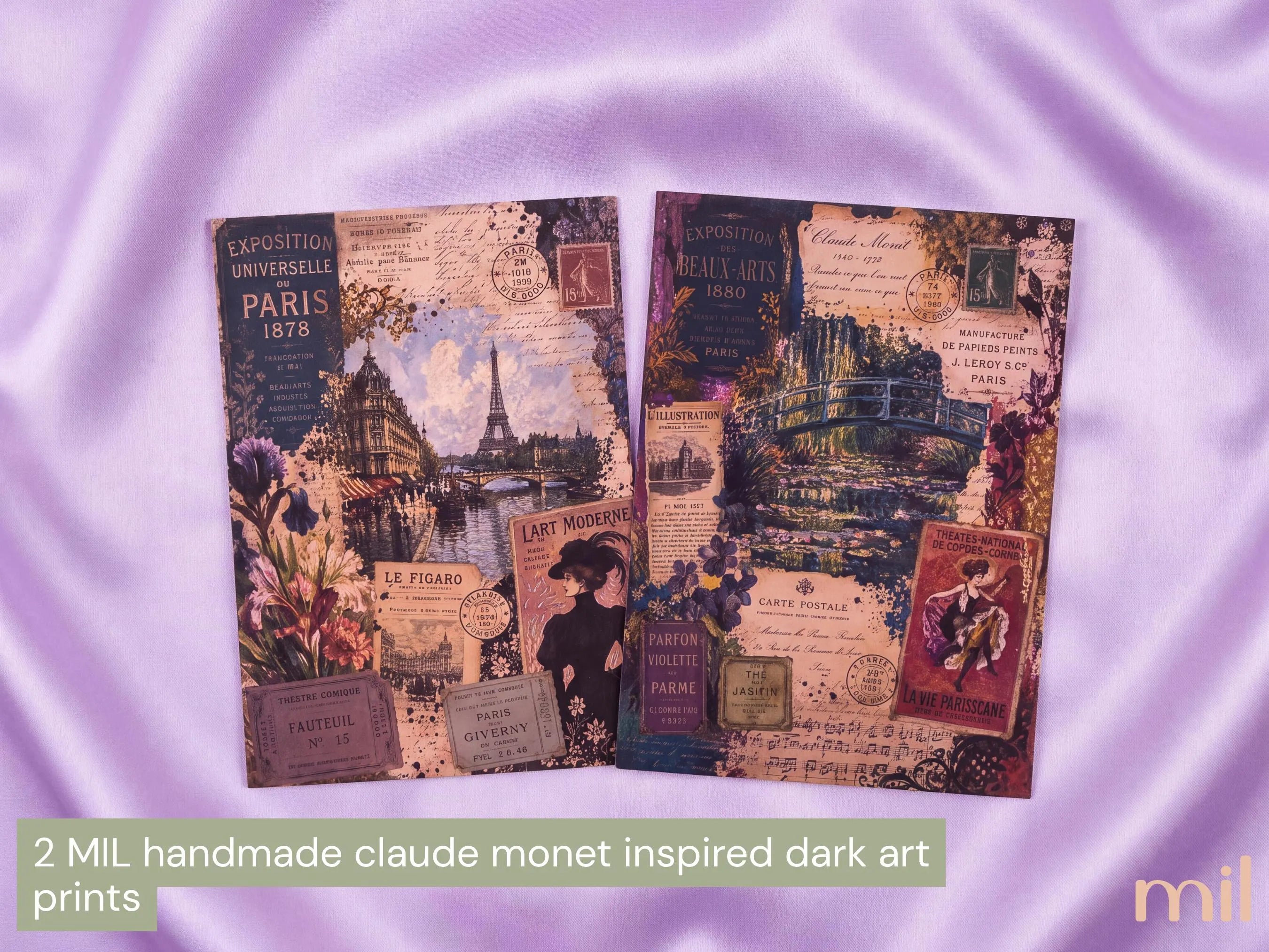 Two vintage-style art prints with Paris-themed collage designs, displayed side by side on a lavender satin fabric background. The prints feature illustrations of the Eiffel Tower, postcards, musical notes, and floral elements in muted dark tones.