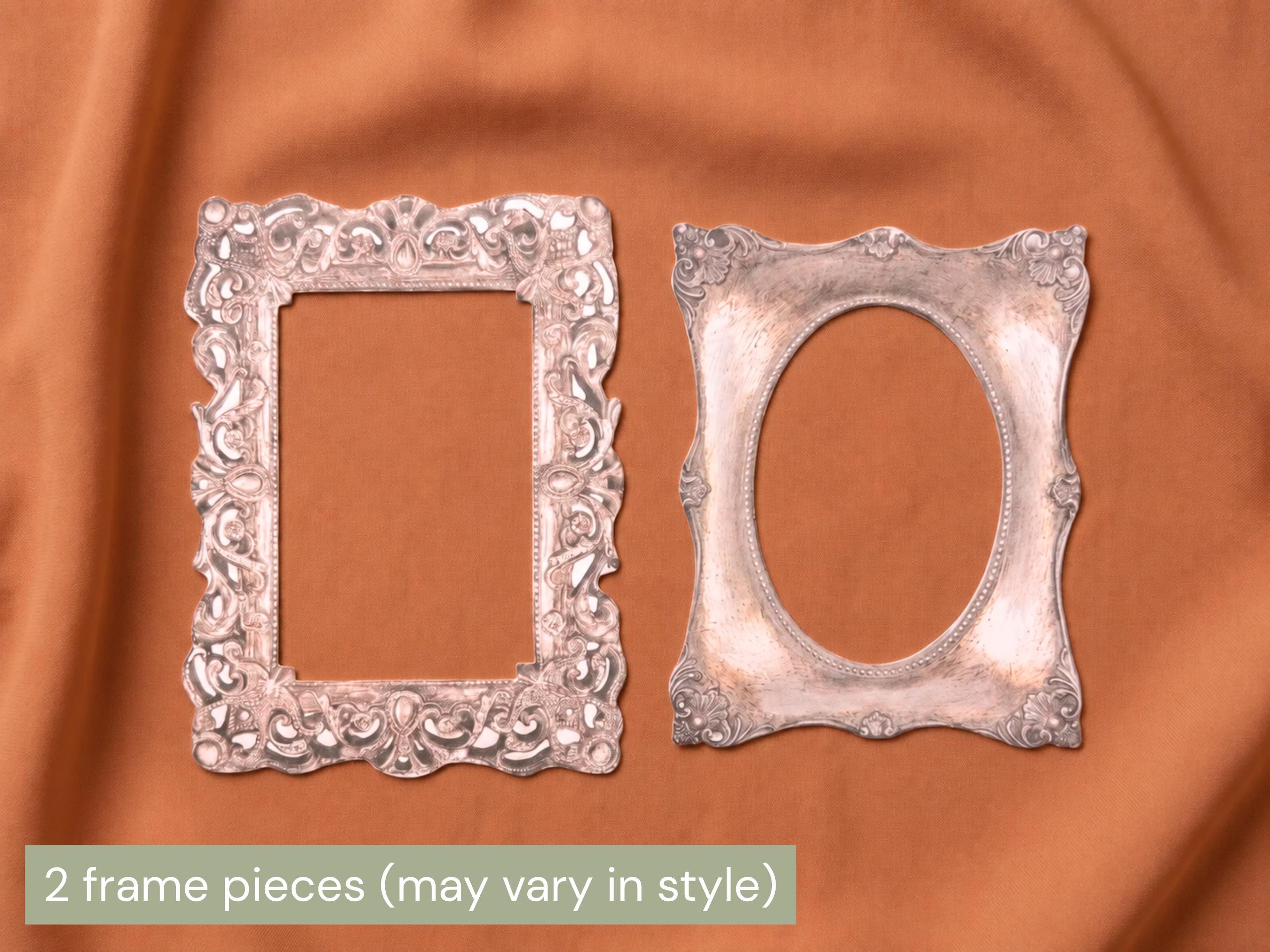 Two ornate silver picture frame pieces, one rectangular with a decorative border and one oval, displayed on a draped rust-orange fabric background. A text overlay at the bottom reads '2 frame pieces (may vary in style)'.
