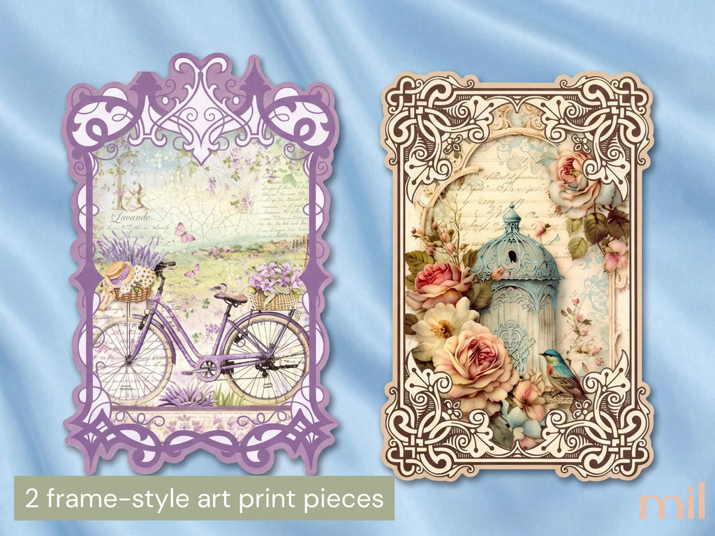 Two decorative frame-style art print pieces displayed side by side on a soft blue satin background. The left print has a lavender ornate border and shows a vintage bicycle in a pastel landscape.