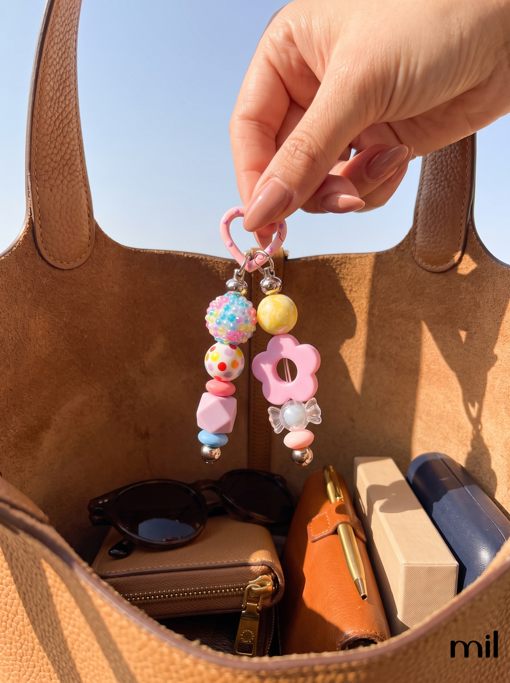 A hand holds a pastel pink beaded keychain charm with a flower-shaped bead and colorful round beads, shown hanging inside a tan leather tote bag with sunglasses, a wallet, and other accessories visible inside.