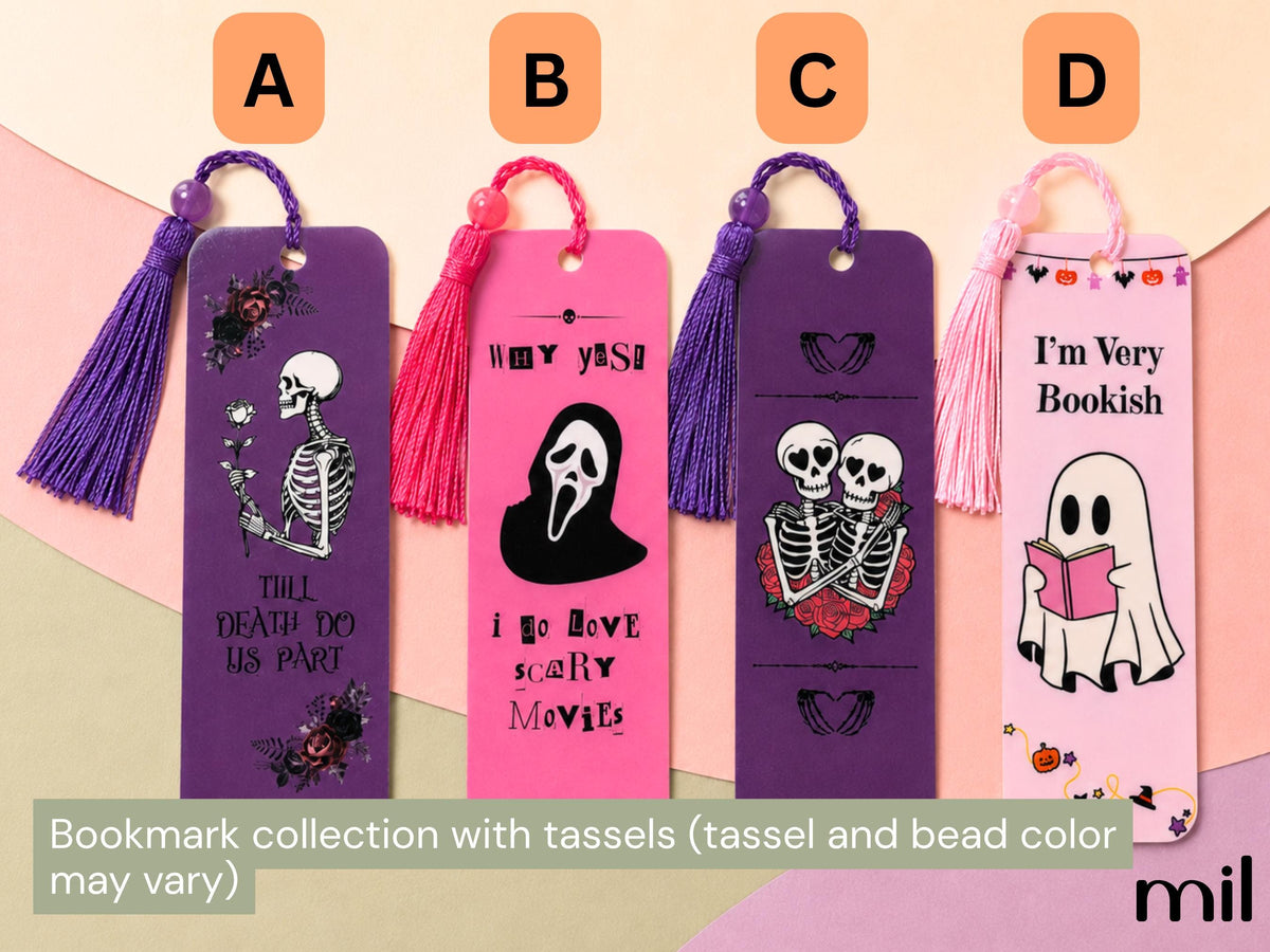 Four Halloween-themed bookmark designs labeled A, B, C, and D on a pastel background. The bookmarks have tassels and bead tops and feature spooky graphics: a purple skeleton with flowers, a pink Ghostface face, a purple double-skeleton motif, and a pink ghost reading a book.
