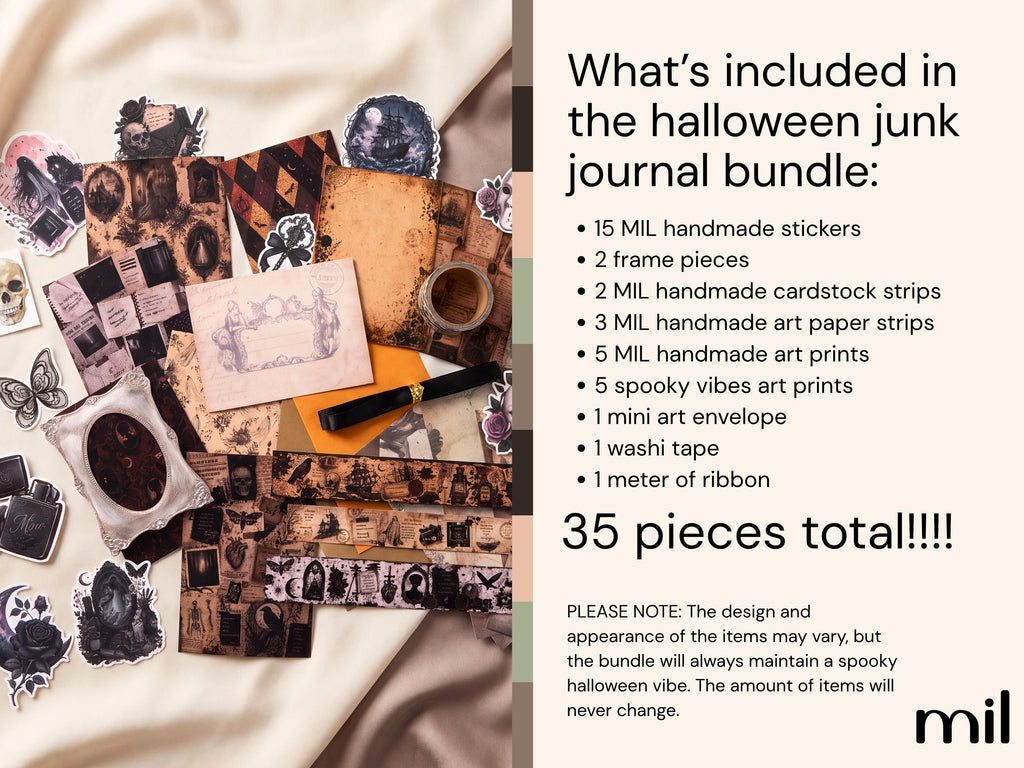 Promotional graphic for a Halloween junk journal bundle, showing a styled flat lay of assorted vintage-themed paper scraps, stickers, cardstock strips, art prints, tape, and a frame piece on the left, alongside a text list of what is included on the right.