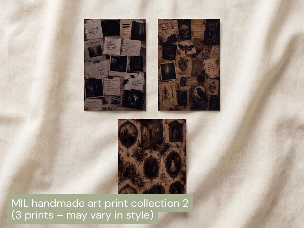 Three dark-toned handmade art prints displayed on a cream fabric background, with a text overlay at the bottom reading 'MIL handmade art print collection 2 (3 prints - may vary in style)'. The prints feature collage-style artwork with vintage photographs, handwritten notes, and distressed textures.