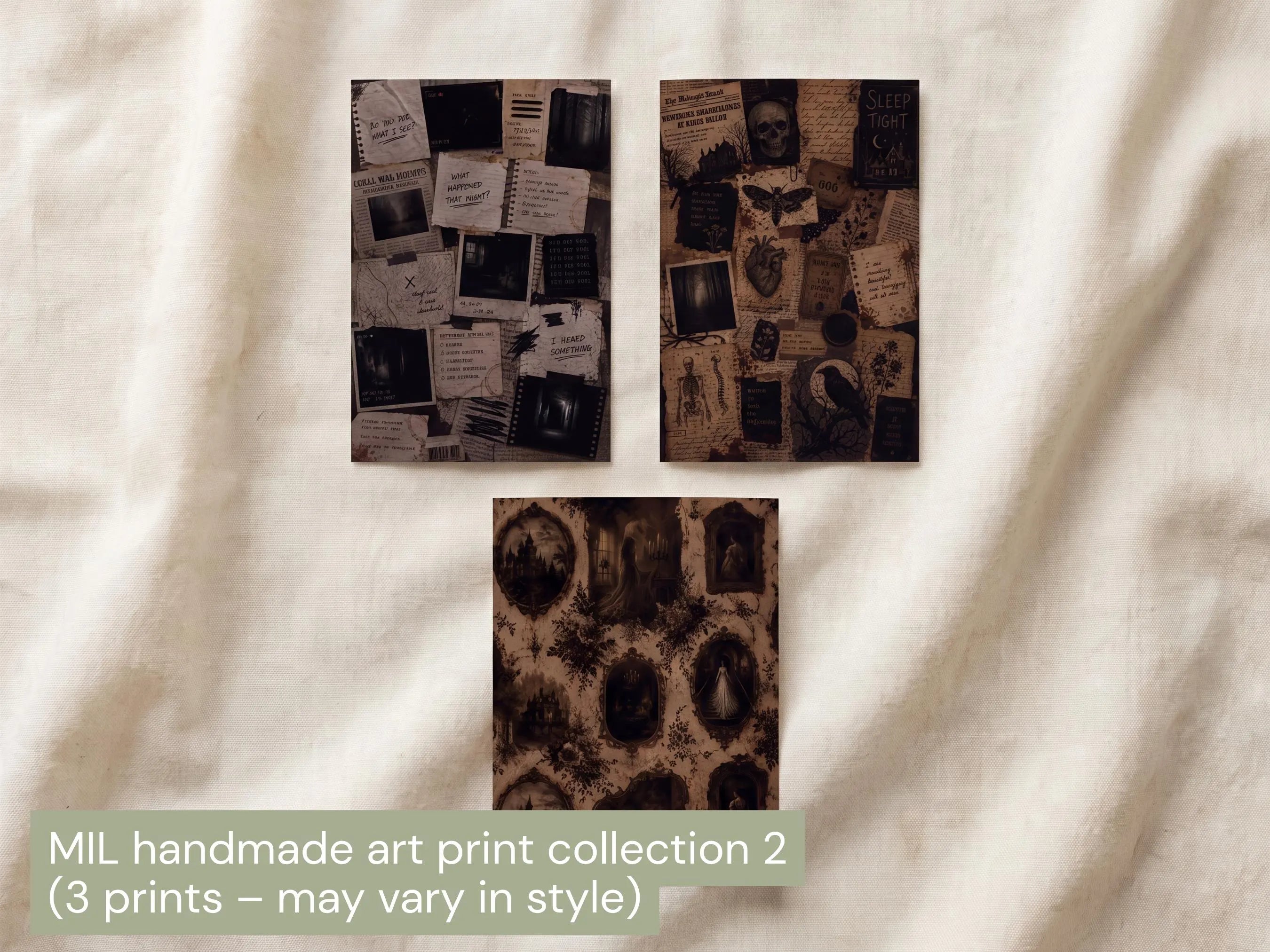 Three dark-toned handmade art prints displayed on a cream fabric background, with a text overlay at the bottom reading 'MIL handmade art print collection 2 (3 prints - may vary in style)'. The prints feature collage-style artwork with vintage photographs, handwritten notes, and distressed textures.