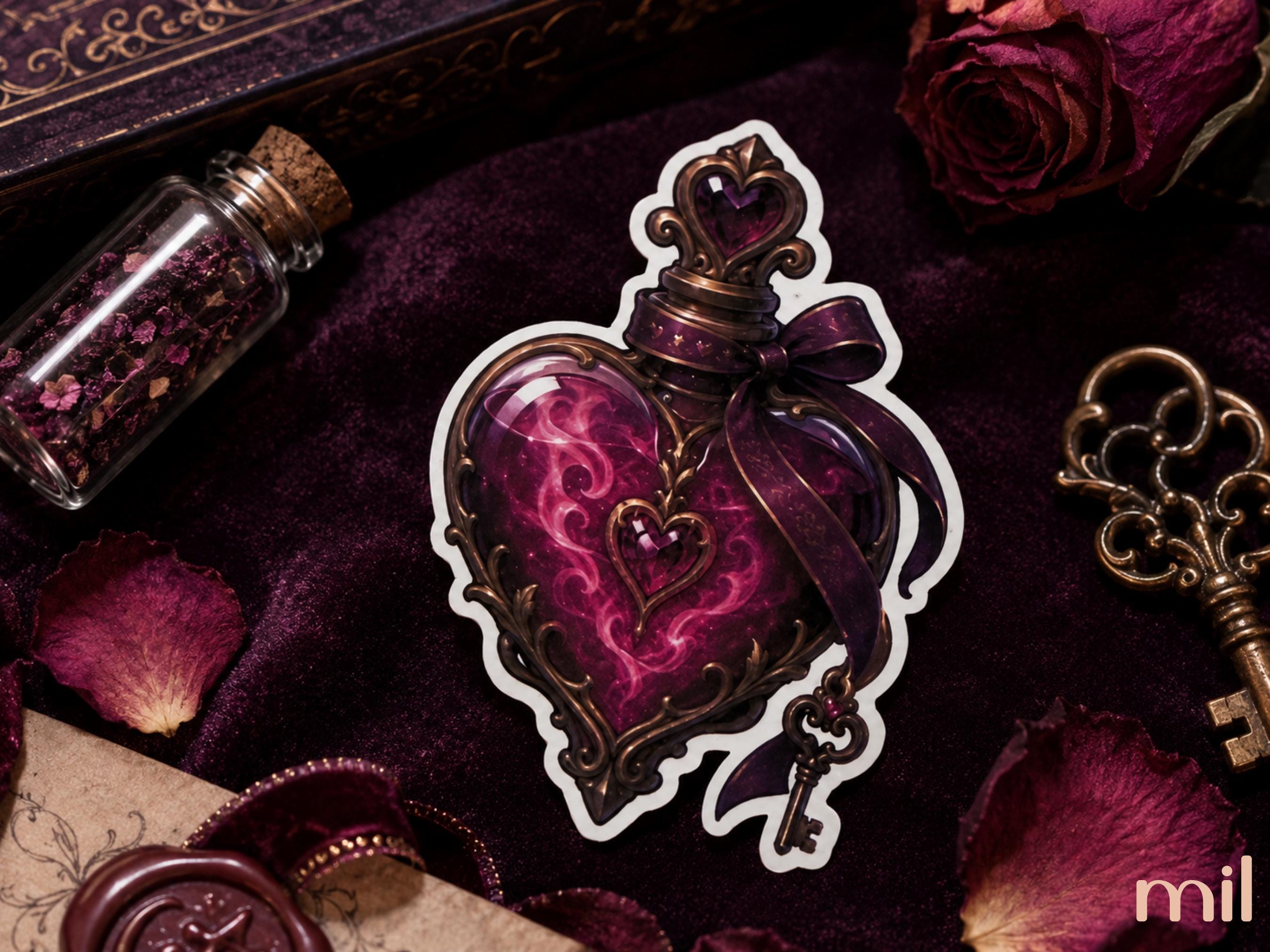 A die-cut sticker featuring an ornate heart-shaped potion bottle with swirling magenta and purple liquid, set against a dark purple velvet background with dried roses, a glass vial, and an antique key.