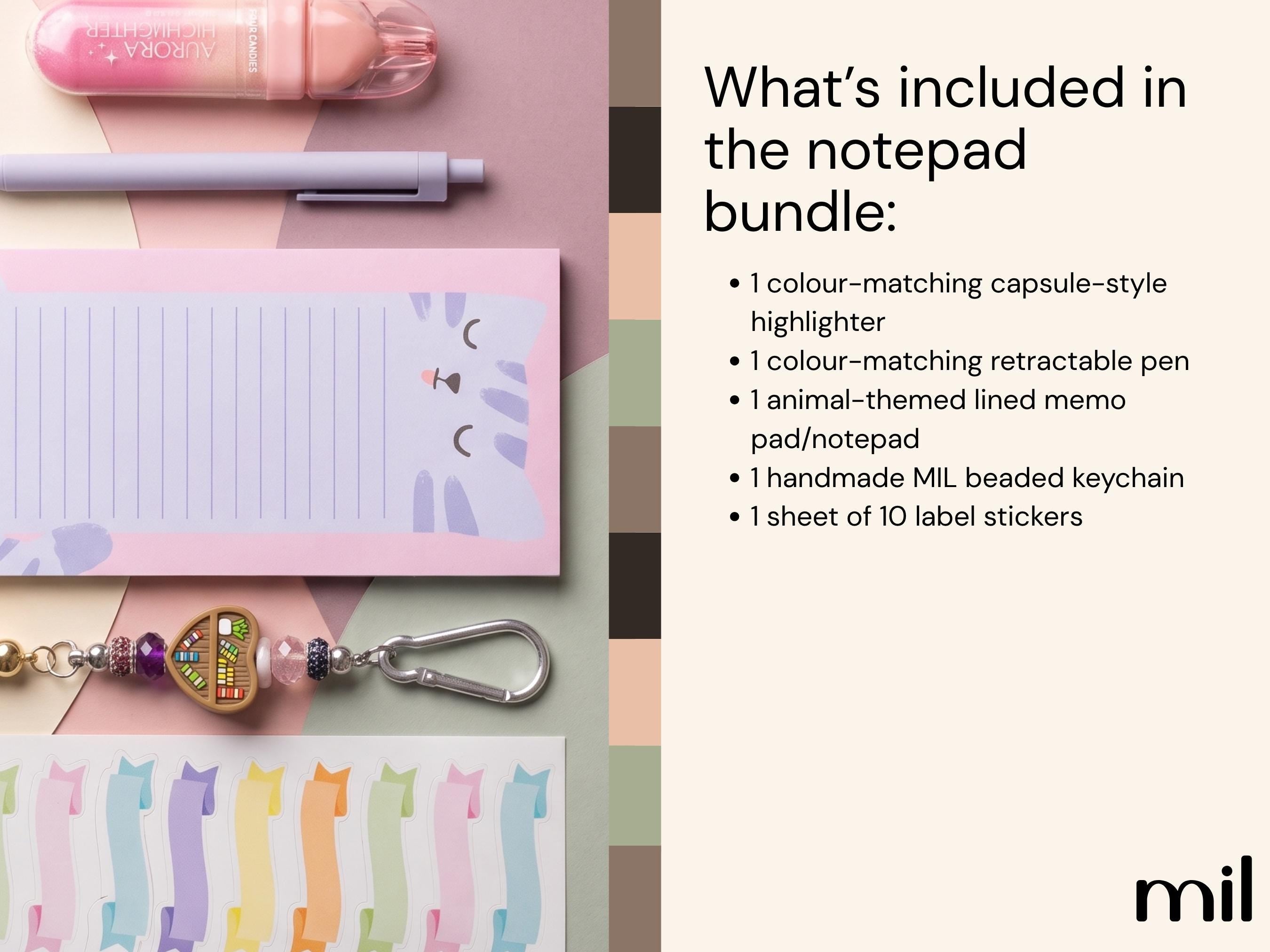 Cat Magnetic Notepad Stationery Bundle: Beaded Keychain, Highlighter, Pen, Stickers