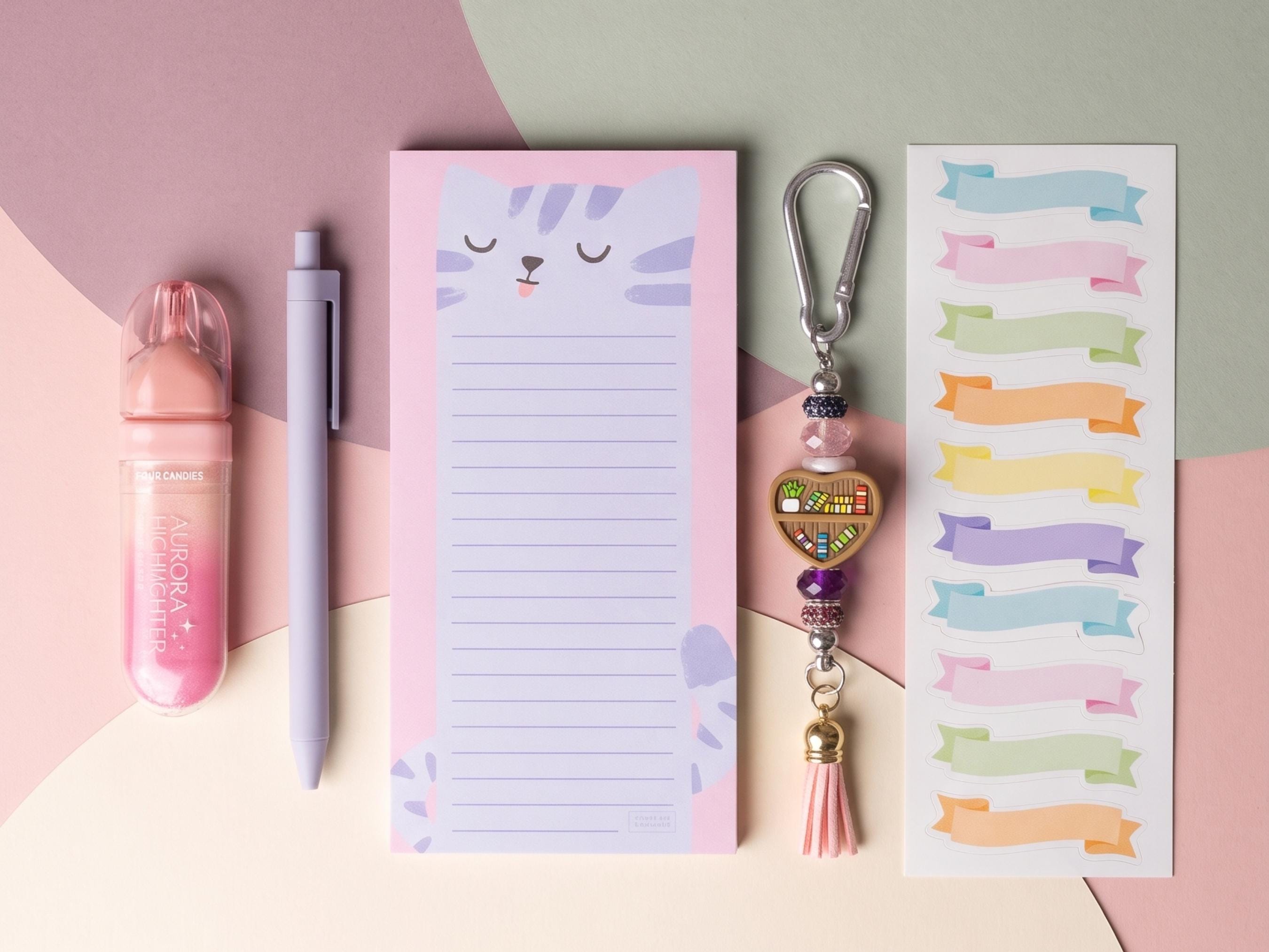 Cat Magnetic Notepad Stationery Bundle: Beaded Keychain, Highlighter, Pen, Stickers