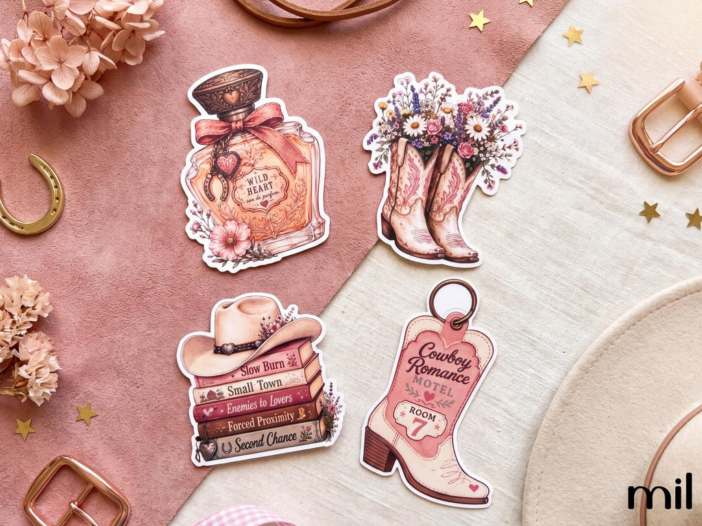 Pink Cowboy Romance Kindle Accessories Bundle | Insert, Keychain, USB-C Dust Charm, and Stickers