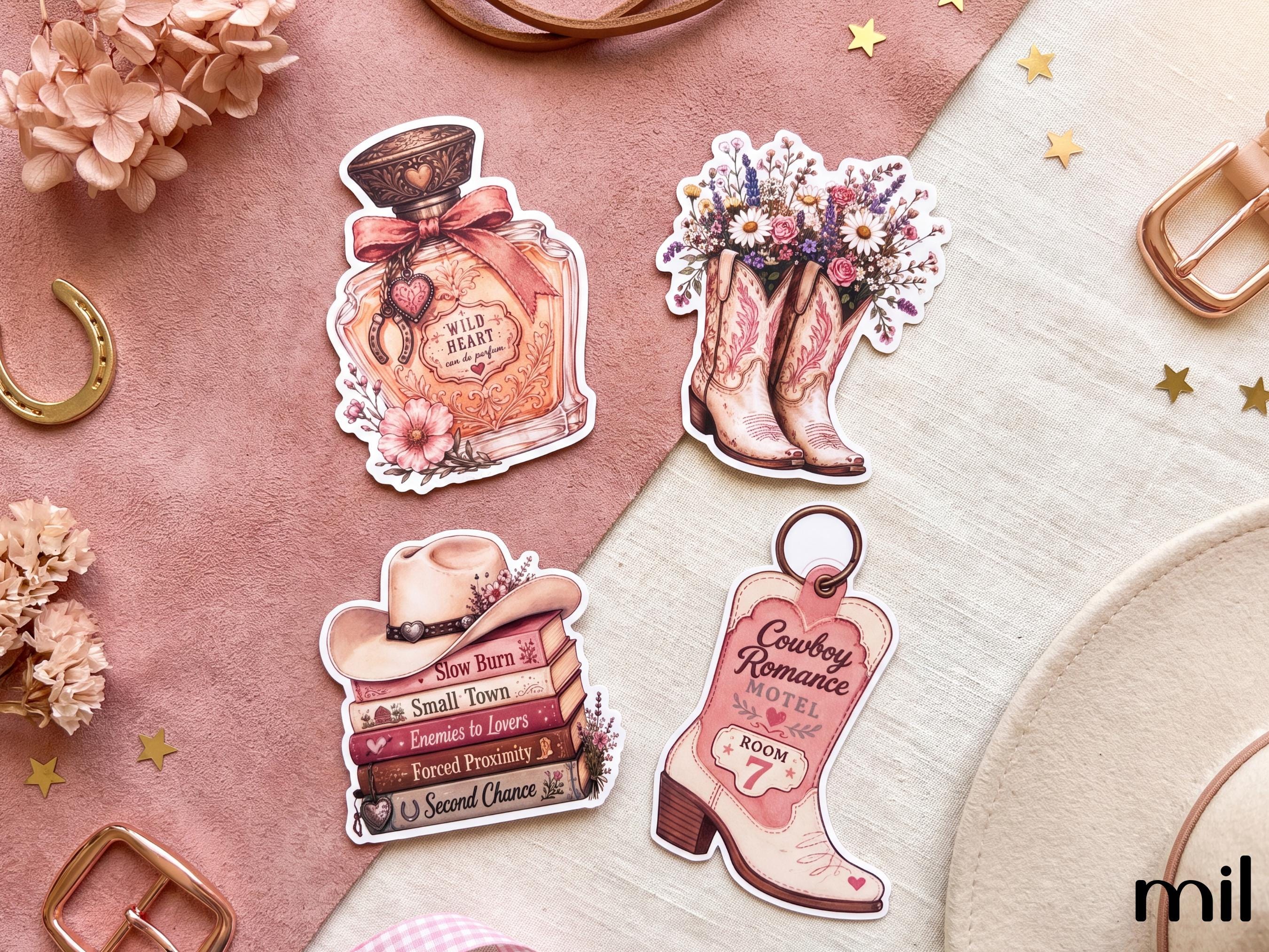Pink Cowboy Romance Kindle Accessories Bundle | Insert, Keychain, USB-C Dust Charm, and Stickers