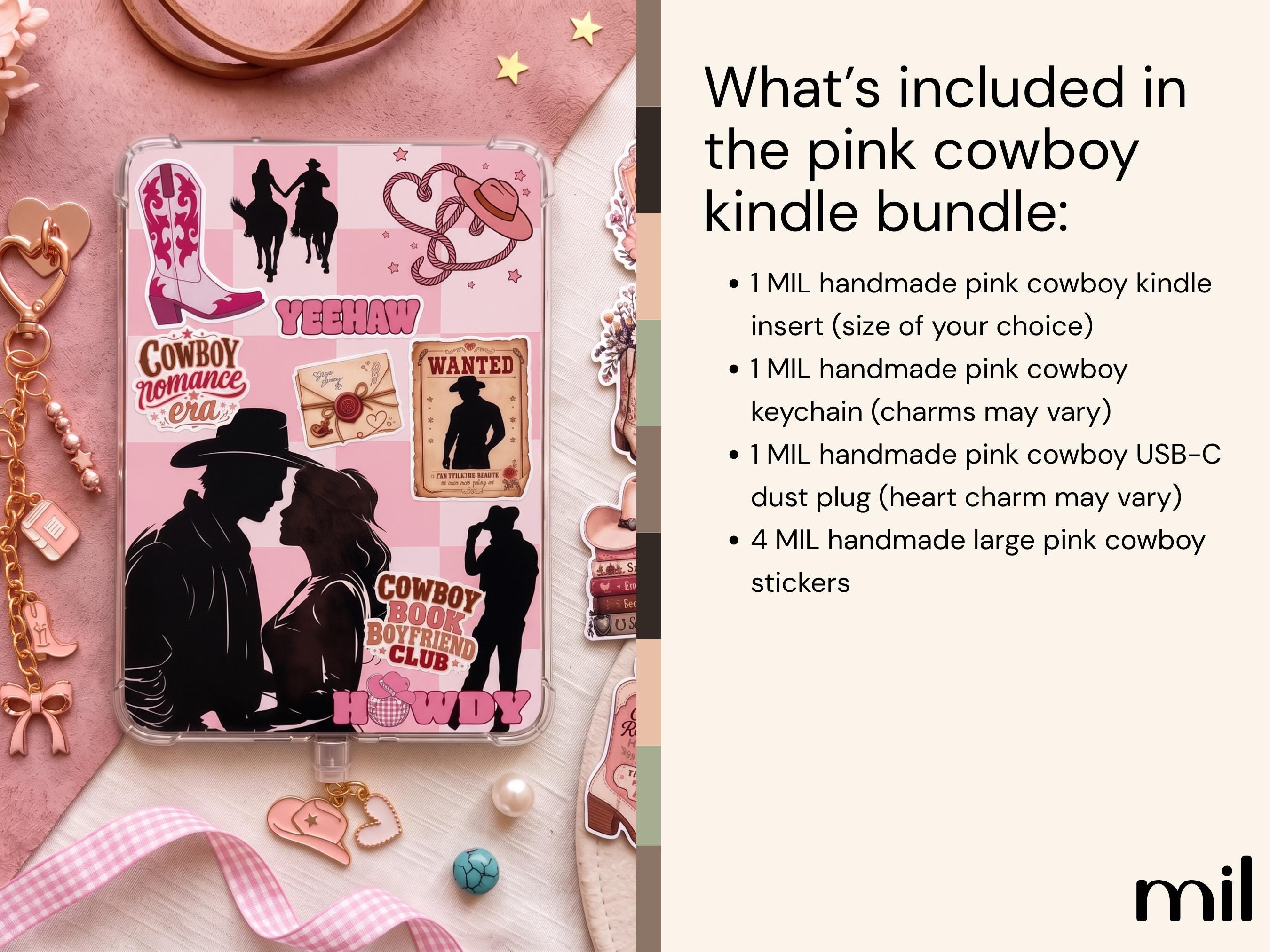 Pink Cowboy Romance Kindle Accessories Bundle | Insert, Keychain, USB-C Dust Charm, and Stickers