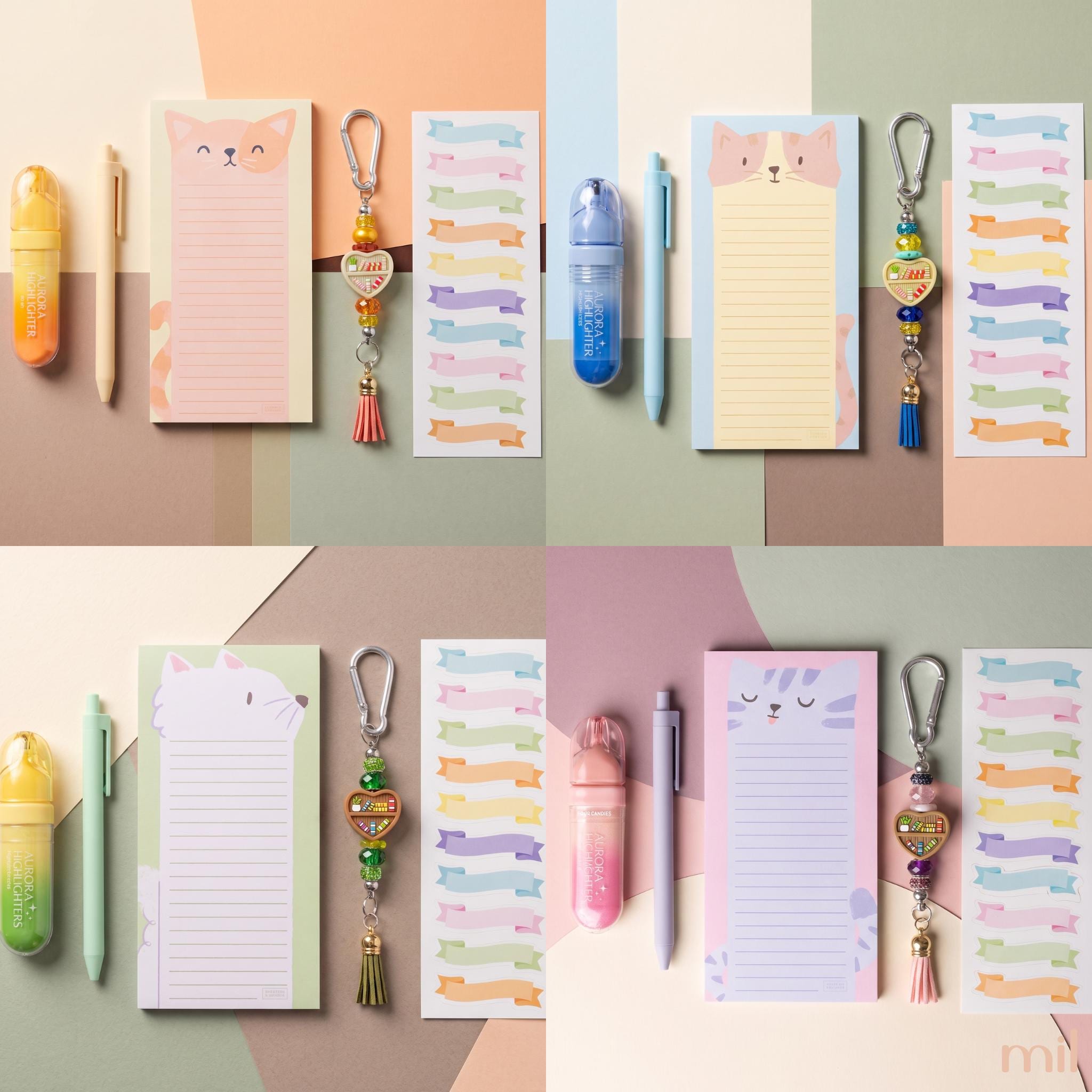 Cat Magnetic Notepad Stationery Bundle: Beaded Keychain, Highlighter, Pen, Stickers