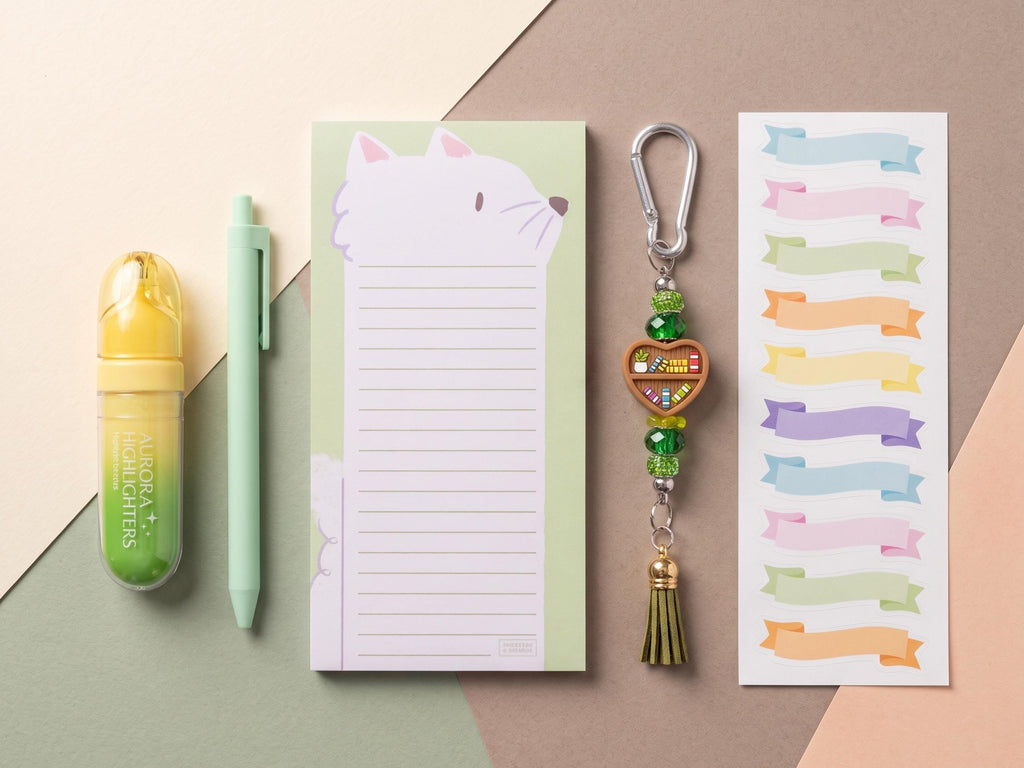 Cat Magnetic Notepad Stationery Bundle: Beaded Keychain, Highlighter, Pen, Stickers