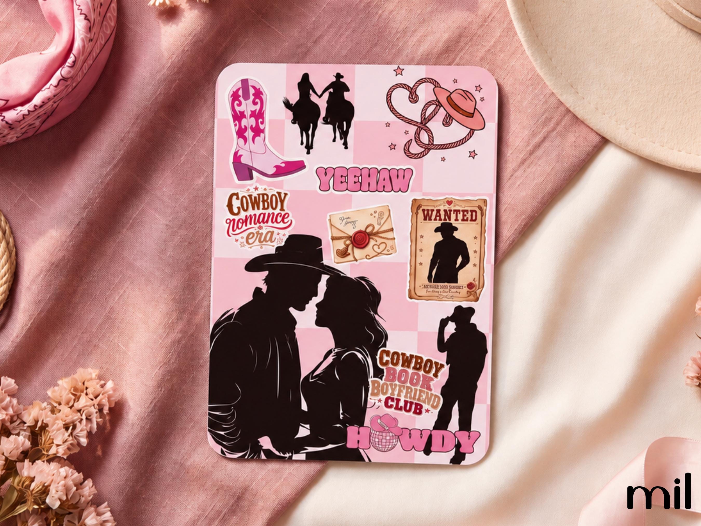 Pink Cowboy Romance Kindle Accessories Bundle | Insert, Keychain, USB-C Dust Charm, and Stickers