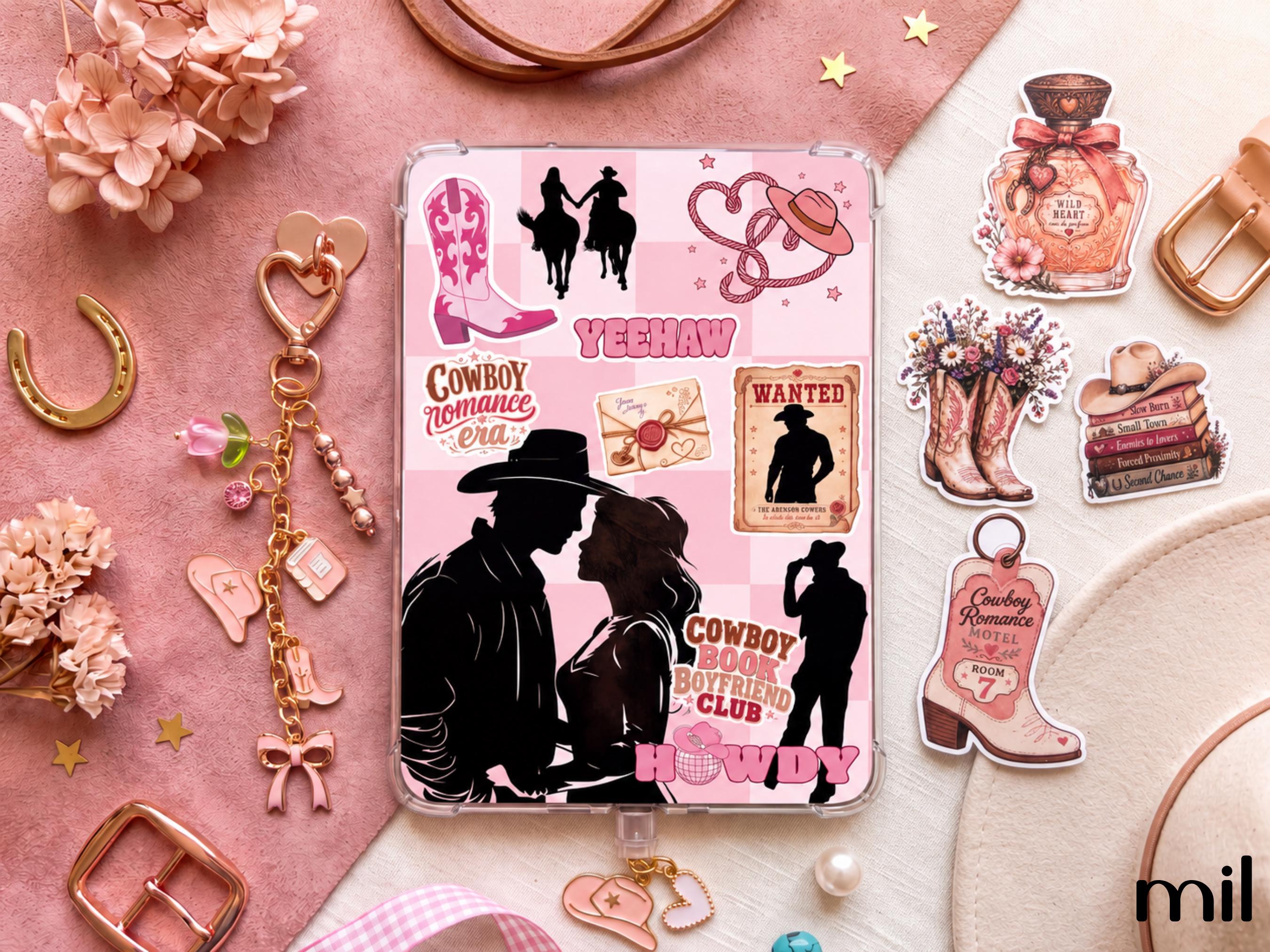 Pink Cowboy Romance Kindle Accessories Bundle | Insert, Keychain, USB-C Dust Charm, and Stickers