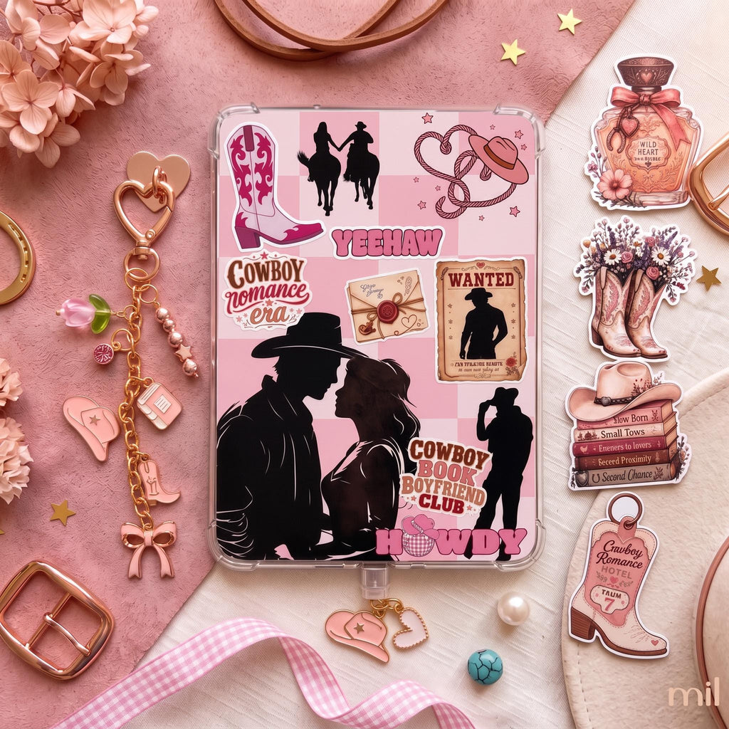 Pink Cowboy Romance Kindle Accessories Bundle | Insert, Keychain, USB-C Dust Charm, and Stickers