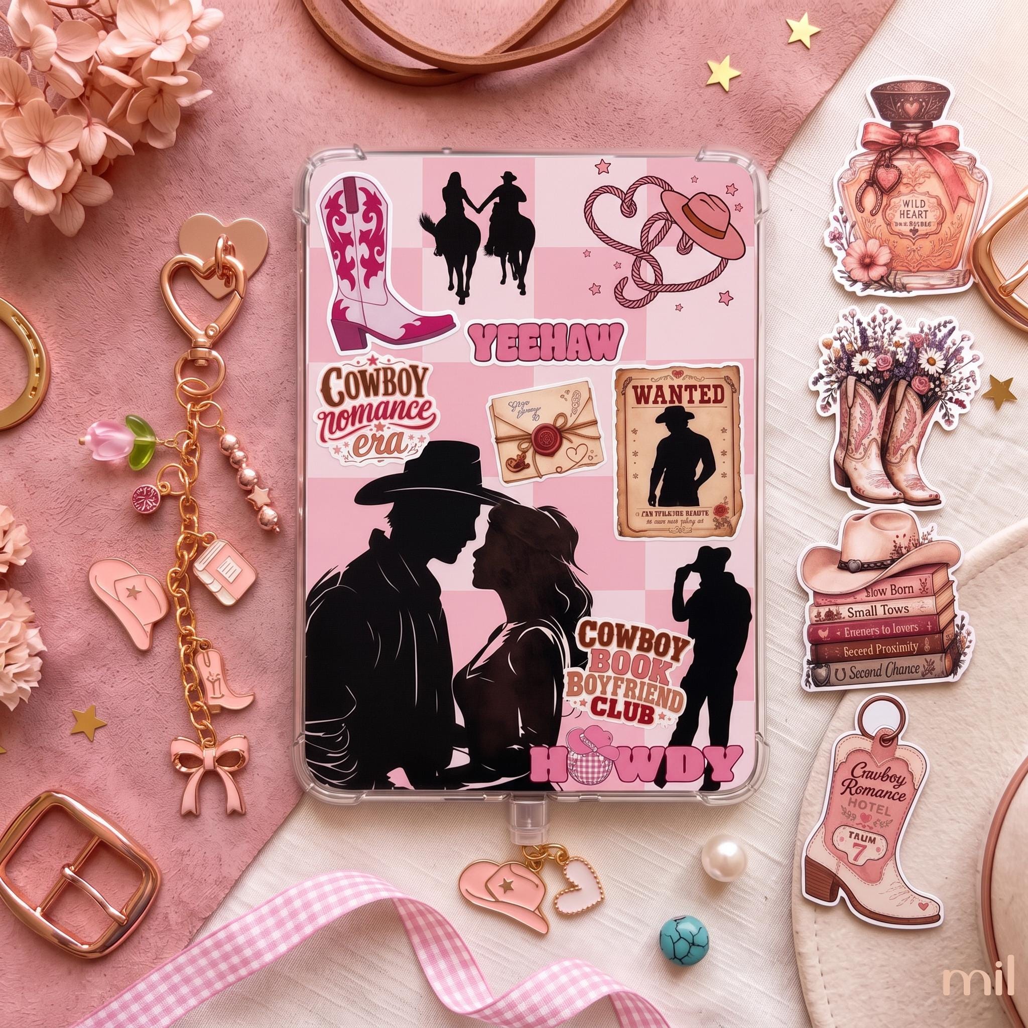 Pink Cowboy Romance Kindle Accessories Bundle | Insert, Keychain, USB-C Dust Charm, and Stickers