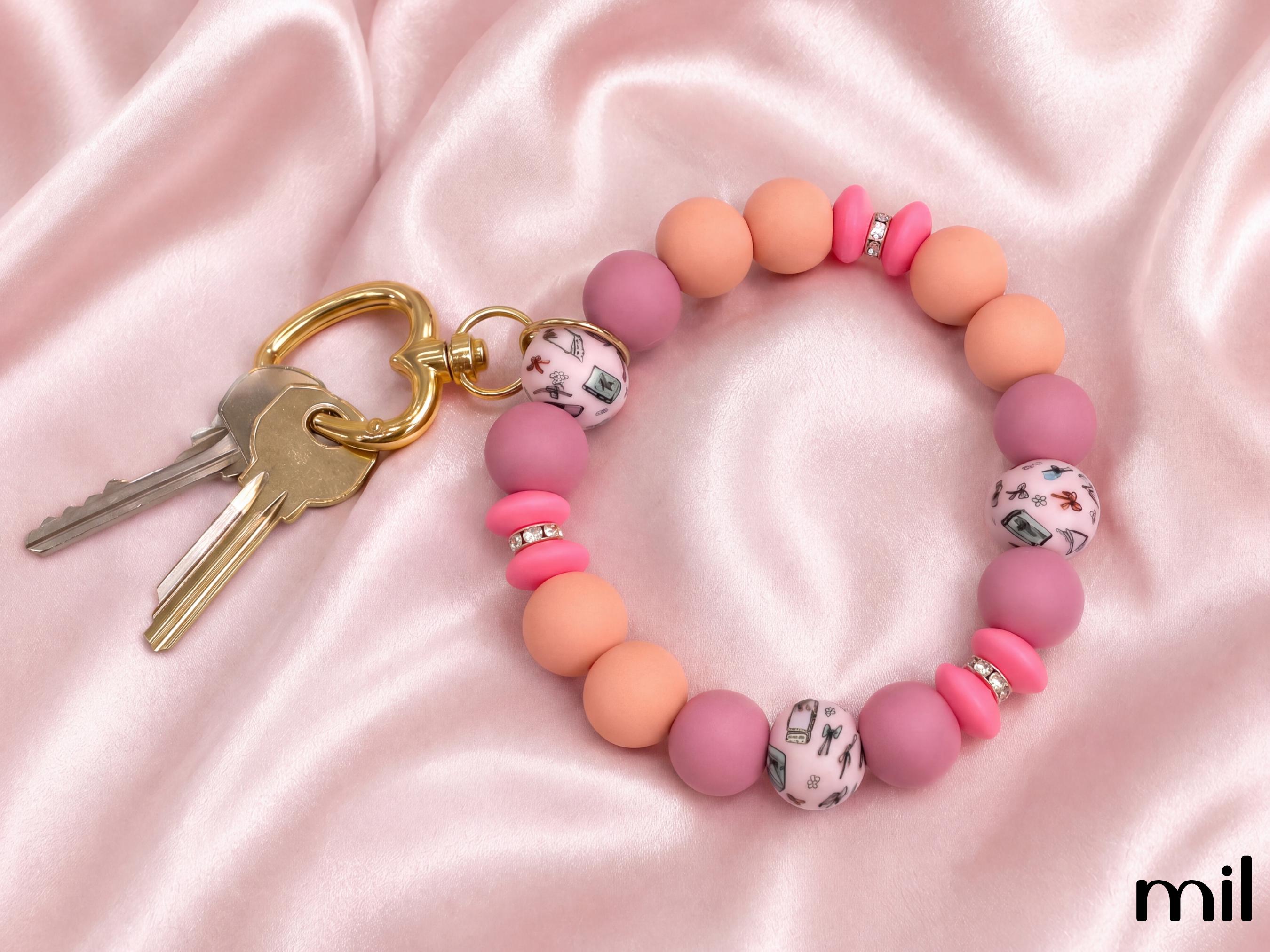 Silicone Bead Wristlet Keychain: Bookish, Pink, Rhinestone Accents, Gold Clasp