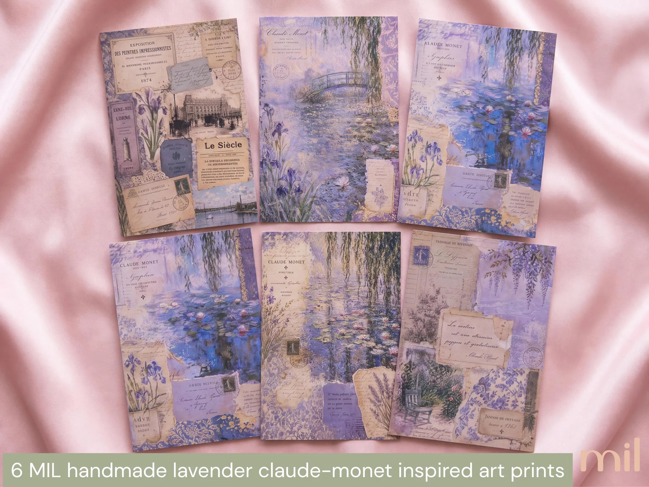 Six handmade art prints featuring Claude Monet inspired impressionist art in lavender and blue tones, styled on a pink satin background.