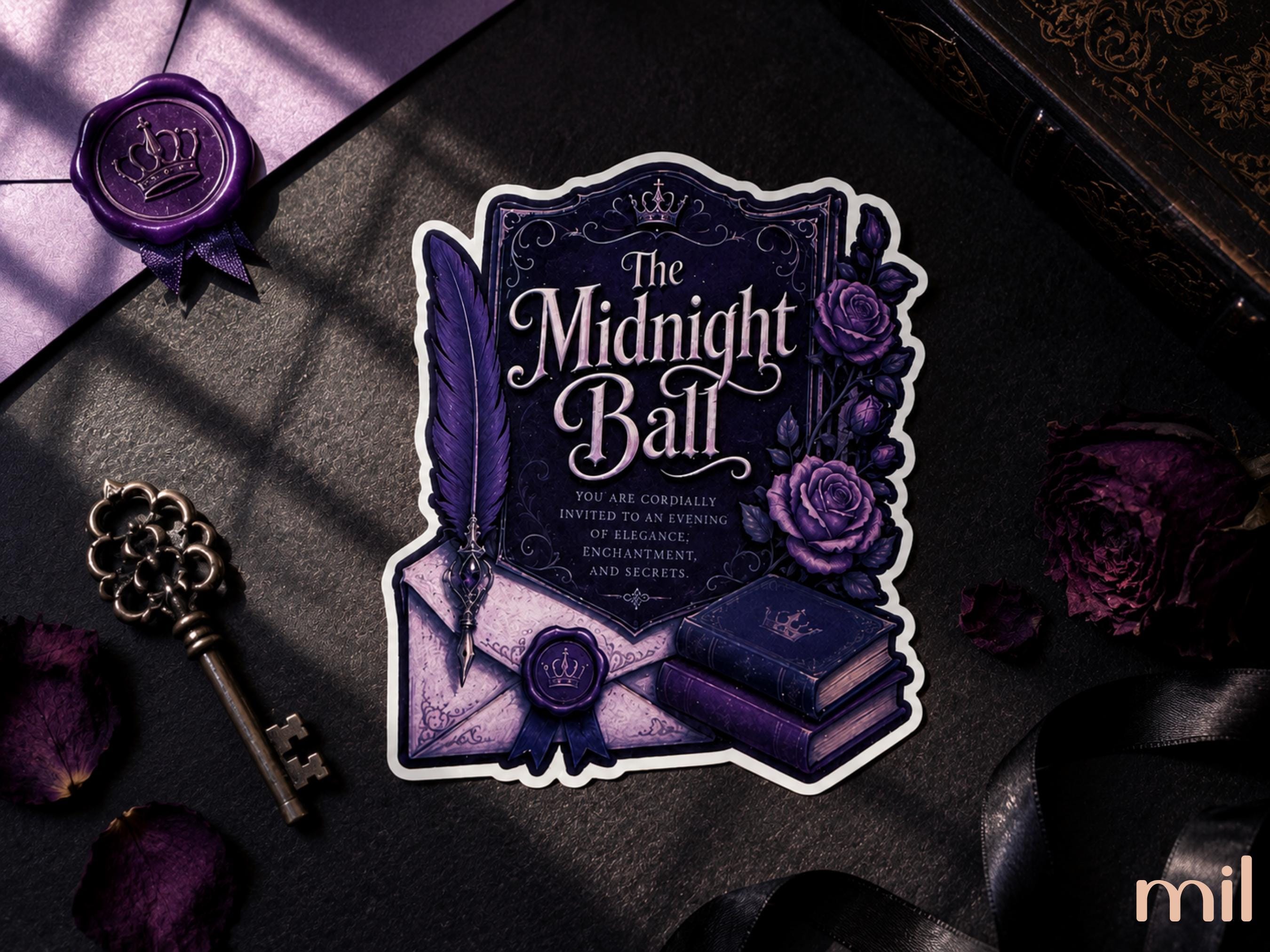 A die-cut invitation sticker design for 'The Midnight Ball' with a gothic purple and black theme, featuring a feather quill, roses, envelopes, wax seals, and books. The card is styled on a dark textured surface with an antique key, purple rose petals, and a purple wax seal in the background.