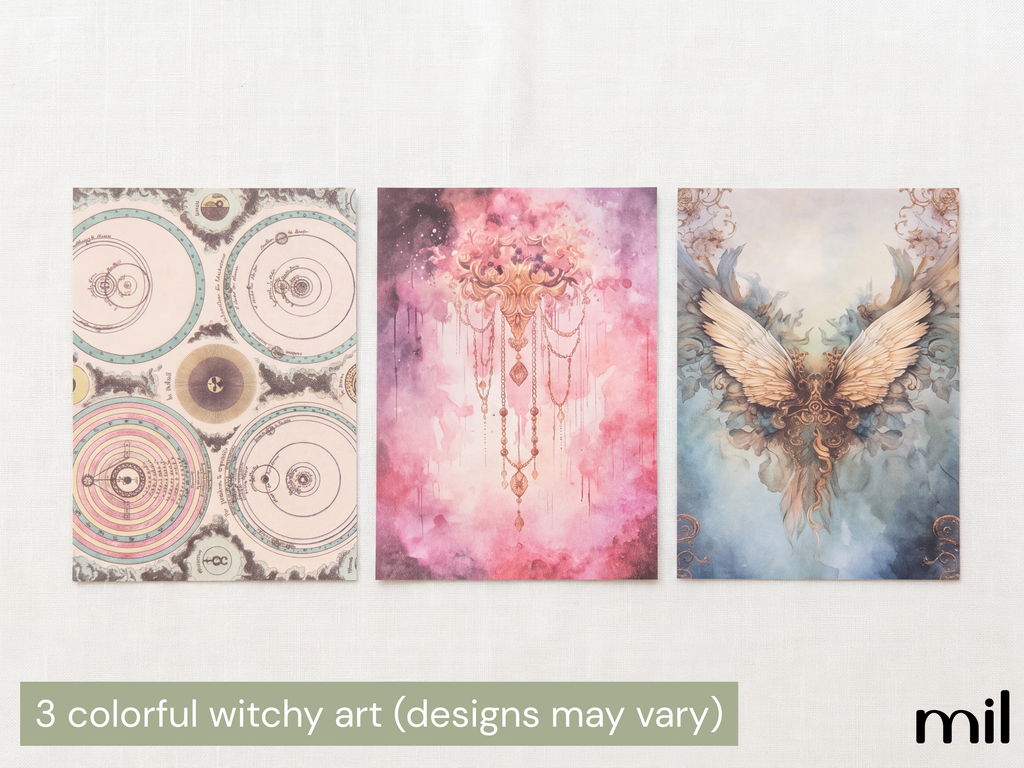 Three vertical art prints with colorful witchy designs are displayed side-by-side on a light textured background. The left print features circular astrological or occult patterns in muted teal, pink, and brown.