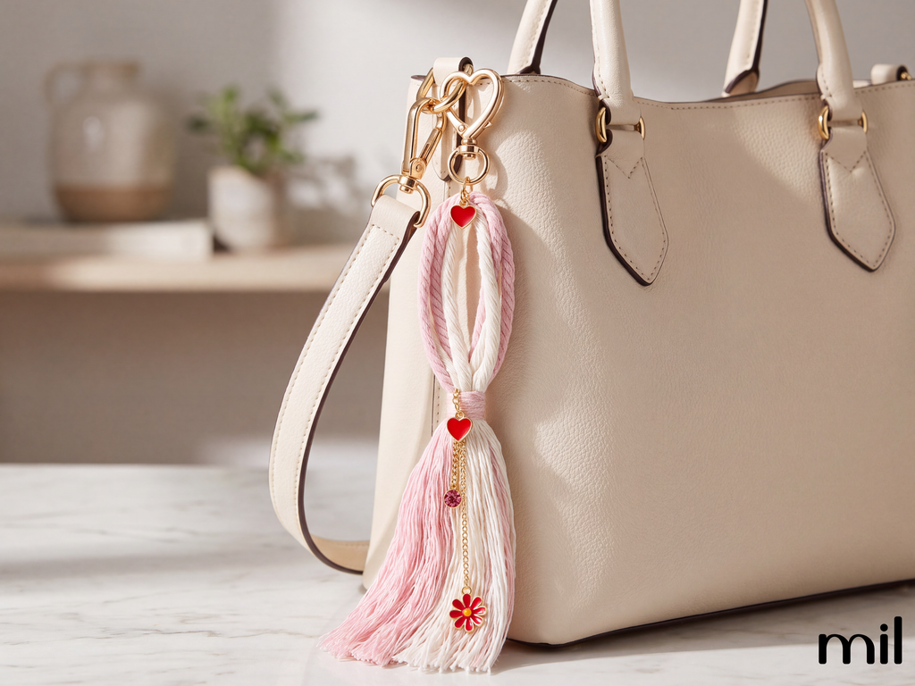 A close-up of a cream-colored leather handbag with a decorative tassel charm hanging from the side. The charm features pink and white tassels, gold-tone metal rings, and small red heart and flower details.