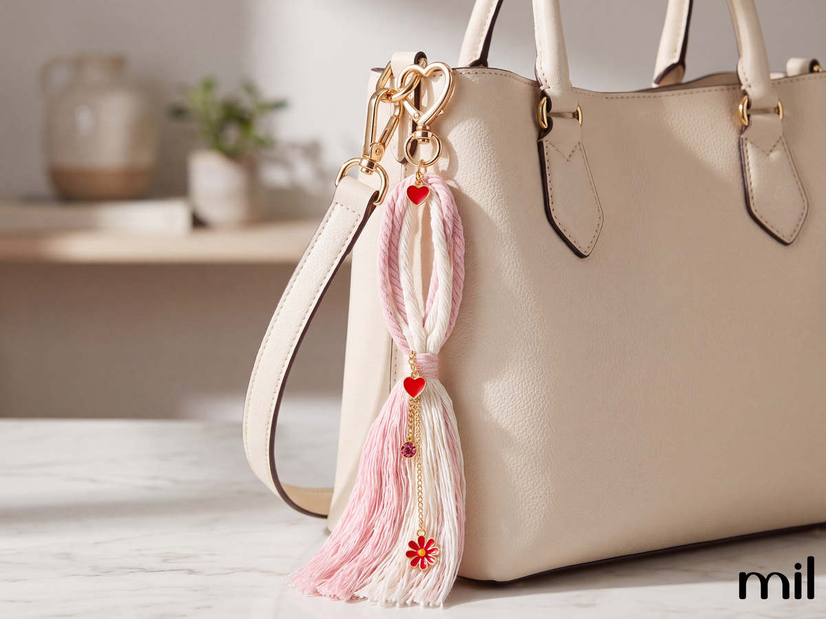 A close-up of a cream-colored leather handbag with a decorative tassel charm hanging from the side. The charm features pink and white tassels, gold-tone metal rings, and small red heart and flower details.