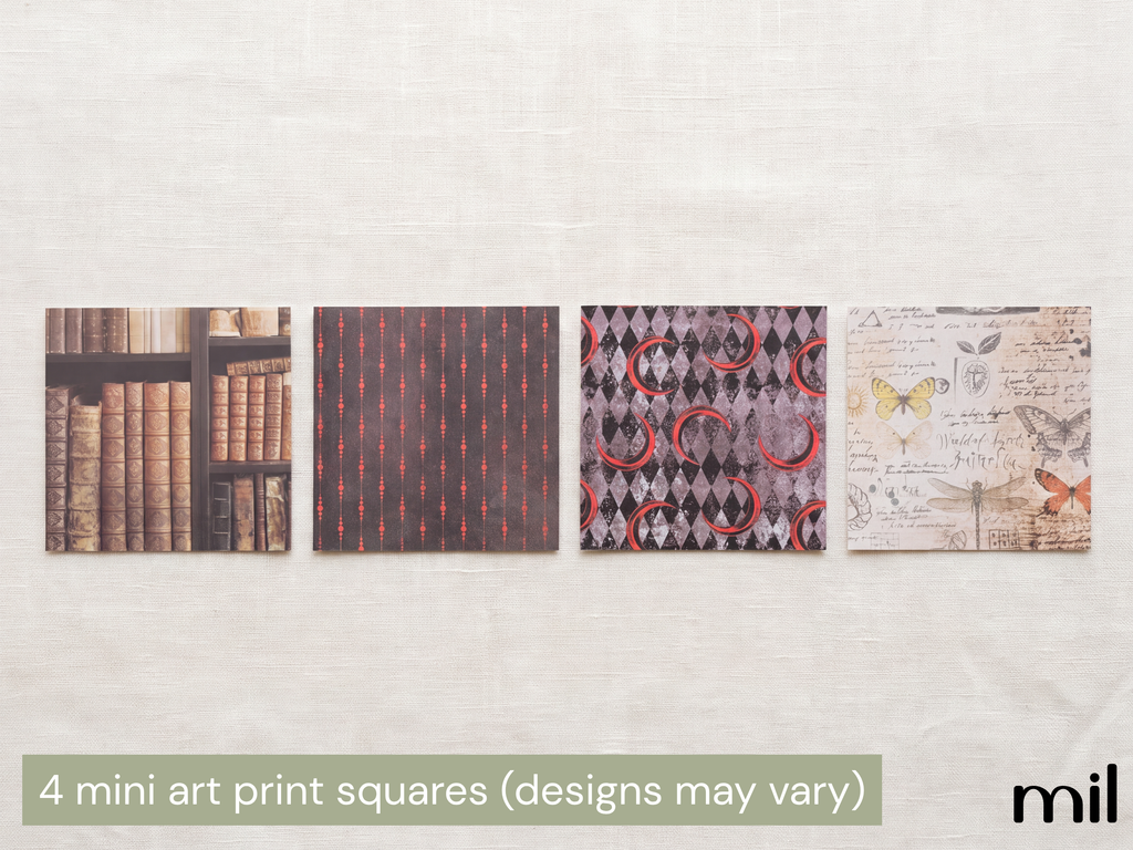 Four mini art print squares displayed side-by-side on a light beige textured wall. The prints feature vintage designs including bookshelves, red and black stripes, a harlequin pattern with red circles, and butterflies on a script background.