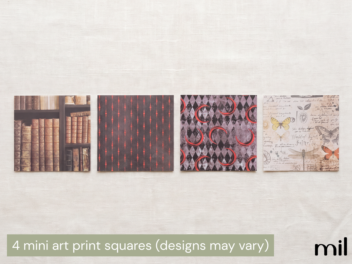 Four mini art print squares displayed side-by-side on a light beige textured wall. The prints feature vintage designs including bookshelves, red and black stripes, a harlequin pattern with red circles, and butterflies on a script background.