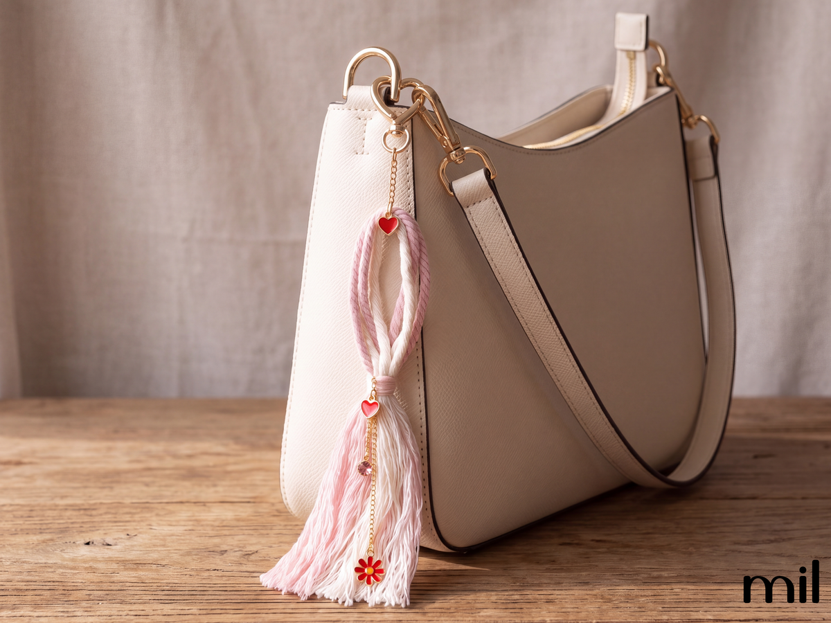 Pink and White Tassel Marcame Thread Handmade Keychain Bag Charm