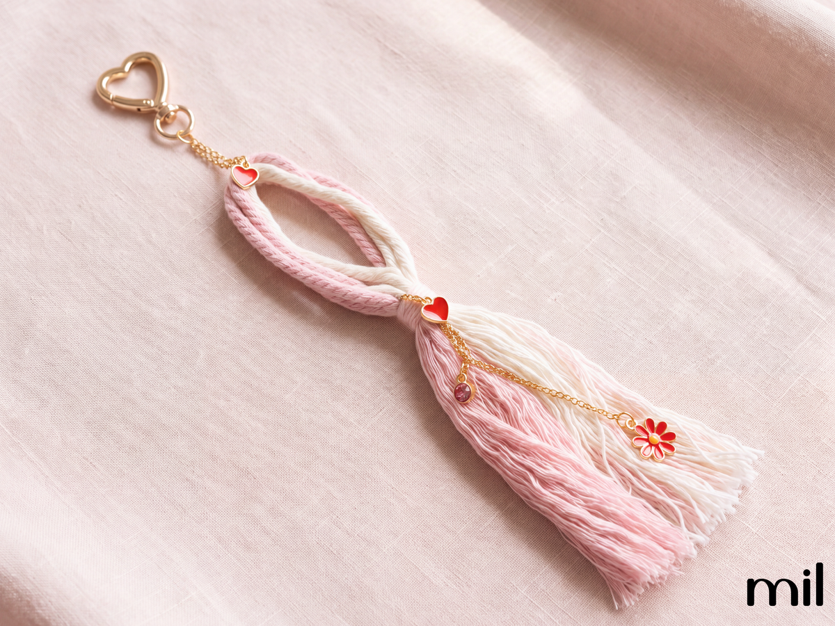 A pink and white tassel keychain with gold-tone metal hardware, including a heart-shaped clasp, small heart charms, and a flower charm, displayed on a soft pink fabric background.