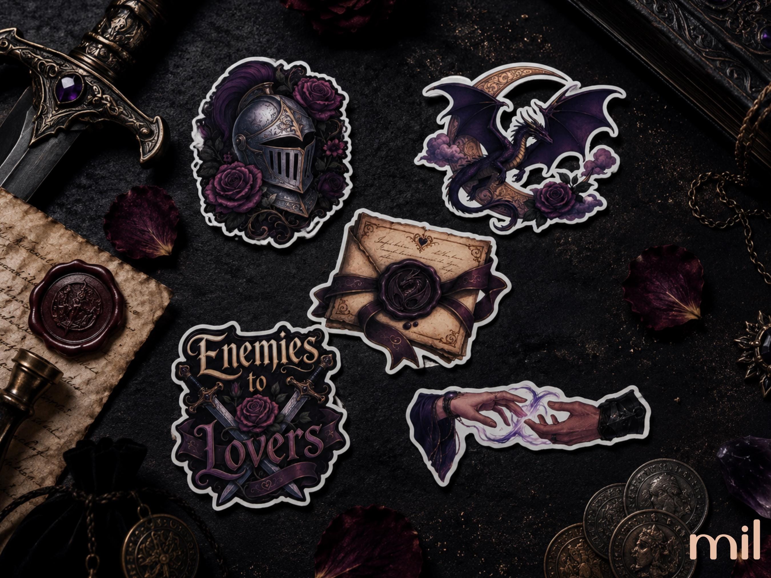 A set of five gothic-themed die-cut stickers displayed on a dark textured background with thematic props like an old dagger, a wax seal, and coins. The stickers feature a knight helmet, a dragon, a wax-sealed letter, the phrase 'Enemies to Lovers', and a hand holding a dagger.