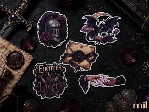 A set of five gothic-themed die-cut stickers displayed on a dark textured background with thematic props like an old dagger, a wax seal, and coins. The stickers feature a knight helmet, a dragon, a wax-sealed letter, the phrase 'Enemies to Lovers', and a hand holding a dagger.