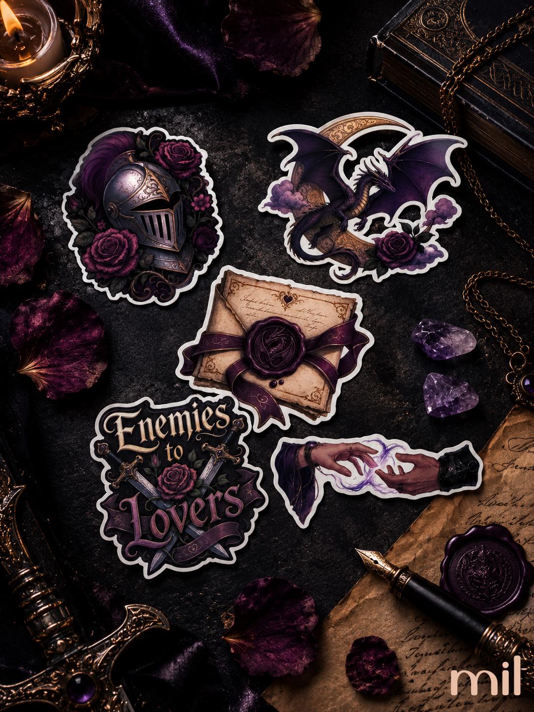 A set of five gothic-themed die-cut stickers displayed on a dark, moody flat-lay background with purple rose petals, a vintage book, a candle, and a fountain pen. The stickers feature a knight helmet with roses, a bat on a crescent moon with roses, a wax-sealed letter, the text 'Enemies to Lovers' with crossed swords and a rose, and a hand holding a glowing dagger.