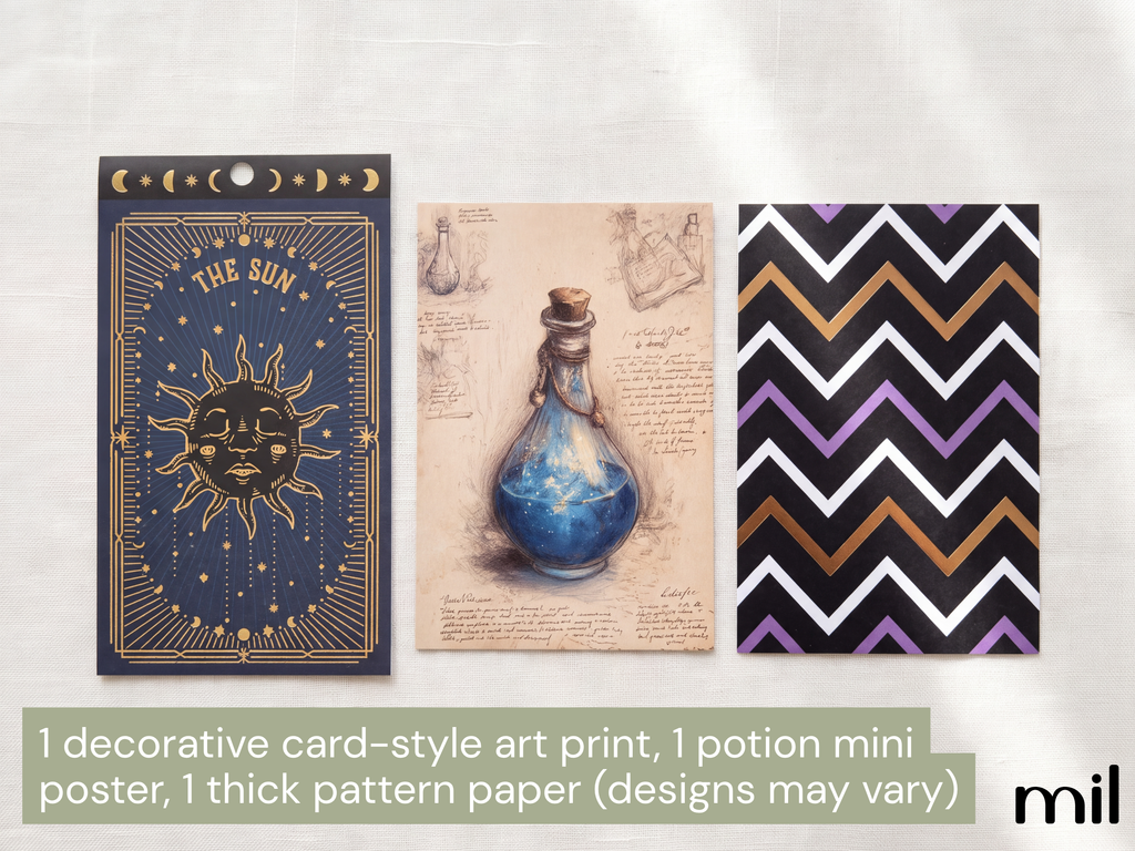Three decorative art prints or paper designs displayed side by side on a light fabric background: a tarot-style card with a gold sun and moon design, a vintage-style sketch of a blue potion bottle, and a black, white, brown, and purple chevron pattern. Text at the bottom reads '1 decorative card-style art print, 1 potion mini poster, 1 thick pattern paper (designs may vary)'.