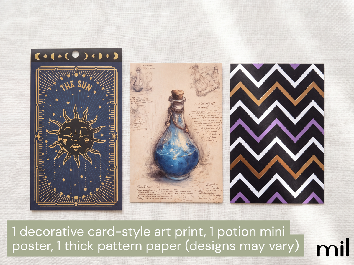 Three decorative art prints or paper designs displayed side by side on a light fabric background: a tarot-style card with a gold sun and moon design, a vintage-style sketch of a blue potion bottle, and a black, white, brown, and purple chevron pattern. Text at the bottom reads '1 decorative card-style art print, 1 potion mini poster, 1 thick pattern paper (designs may vary)'.