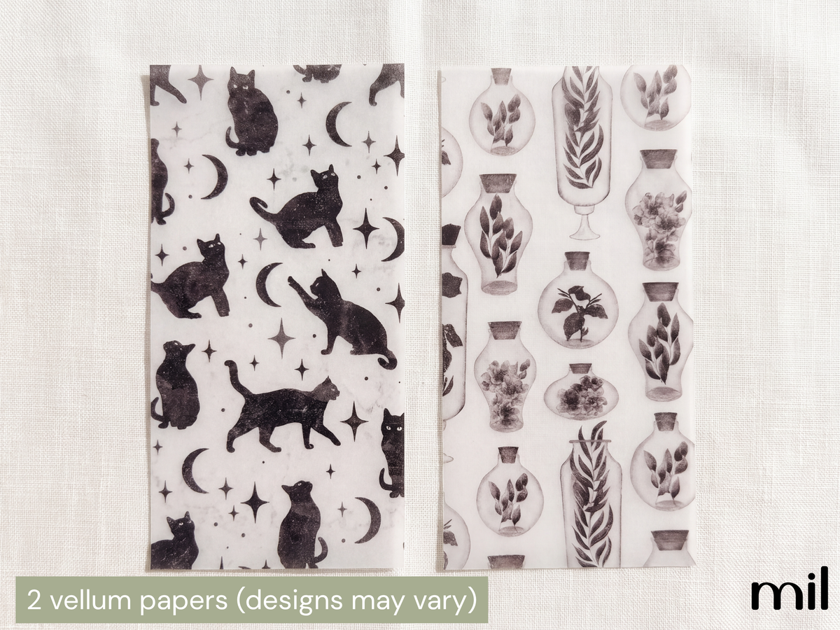Two vellum papers displayed side-by-side on a textured white linen background. The left paper features a black cat and moon pattern, and the right paper features botanical illustrations in glass vases.