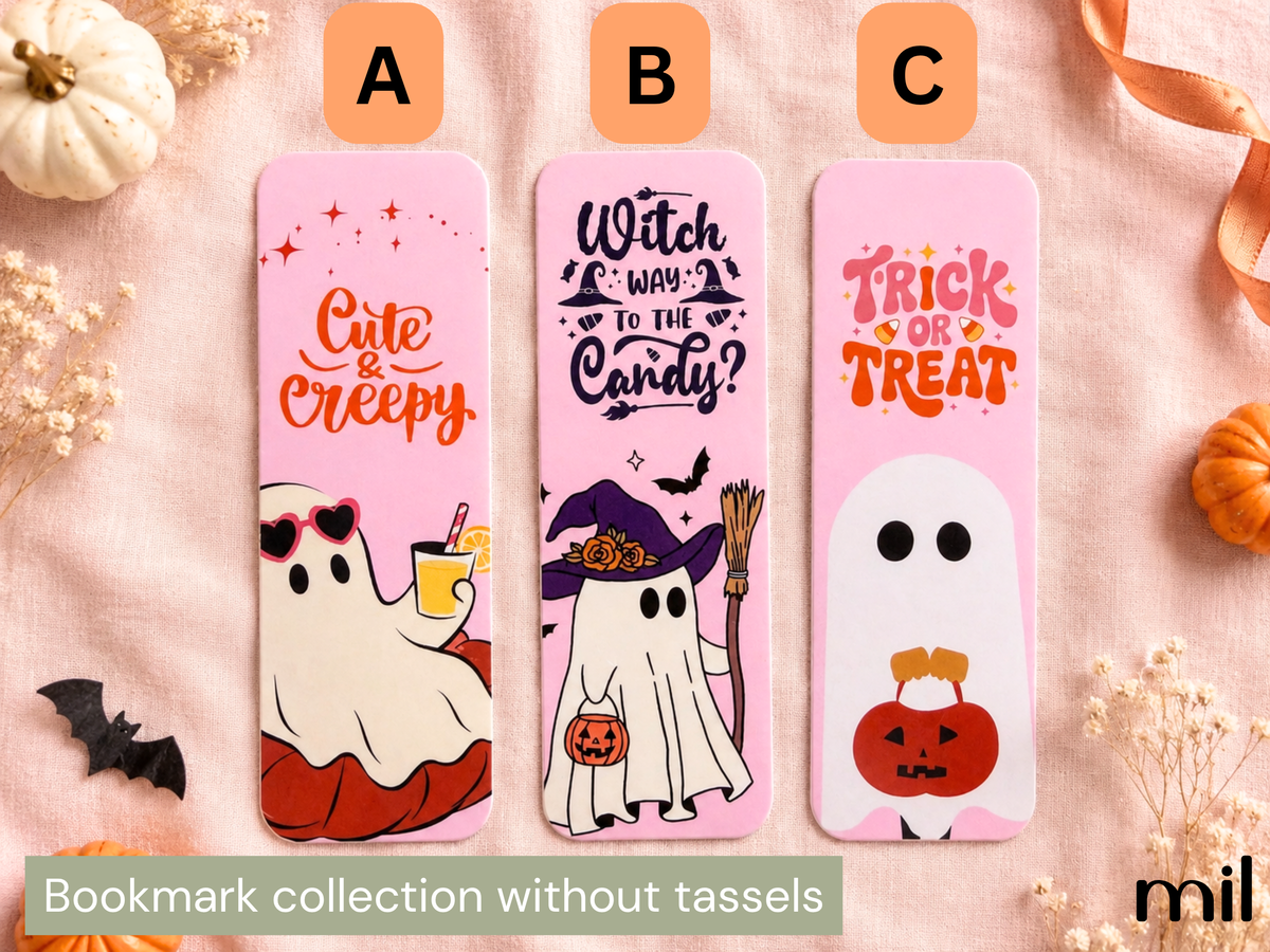 Three Halloween-themed bookmarks labeled A, B, and C displayed on a pink fabric background with autumn props. The bookmarks feature pink backgrounds with ghost and witch illustrations and text reading 'Cute & Creepy,' 'Witch Way to the Candy,' and 'Trick or Treat.